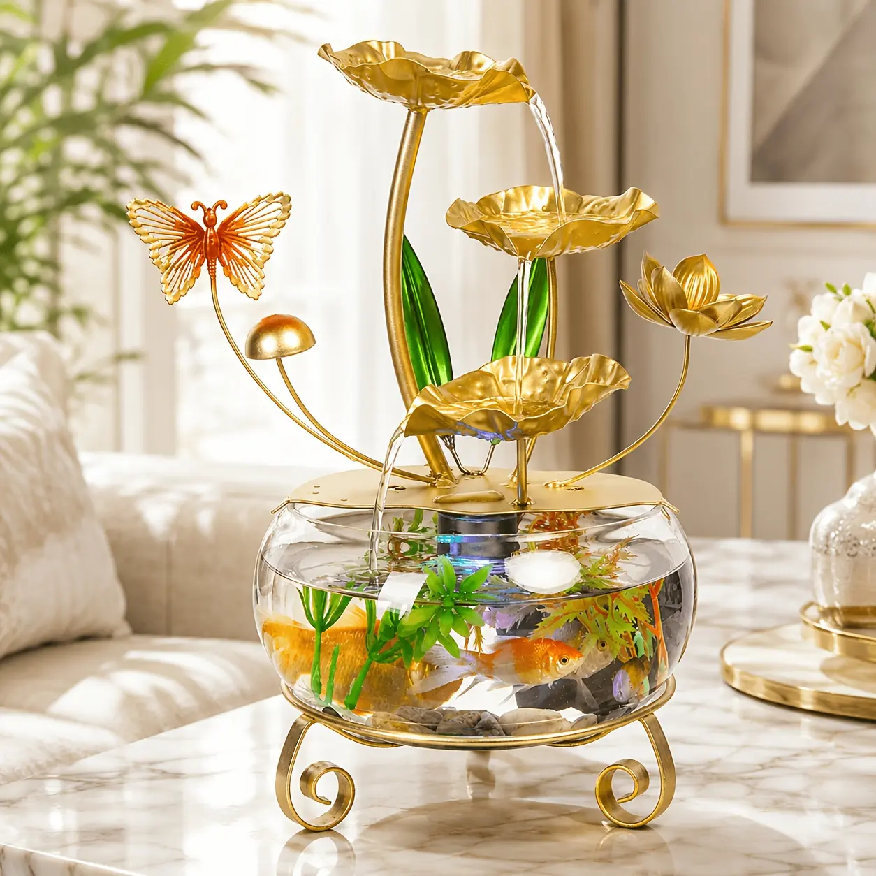1pc USB Powered Glass Fish Tank Desktop Water Fountain, Small Automatic Humidifier Indoor Tabletop Ornament, Calming Zen Meditation Decorative Water Feature for Home, Office, Living Room and Bedroom