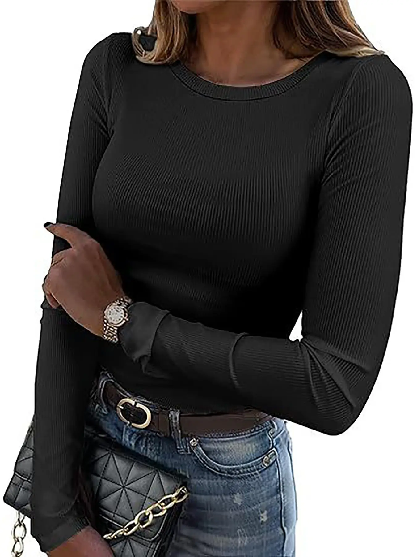 Women Long Sleeve Shirts, Rib Knit Slim Fit Tops, Basic Tee for Spring, Casual T-Shirt, Underscrubs, Layer Clothes