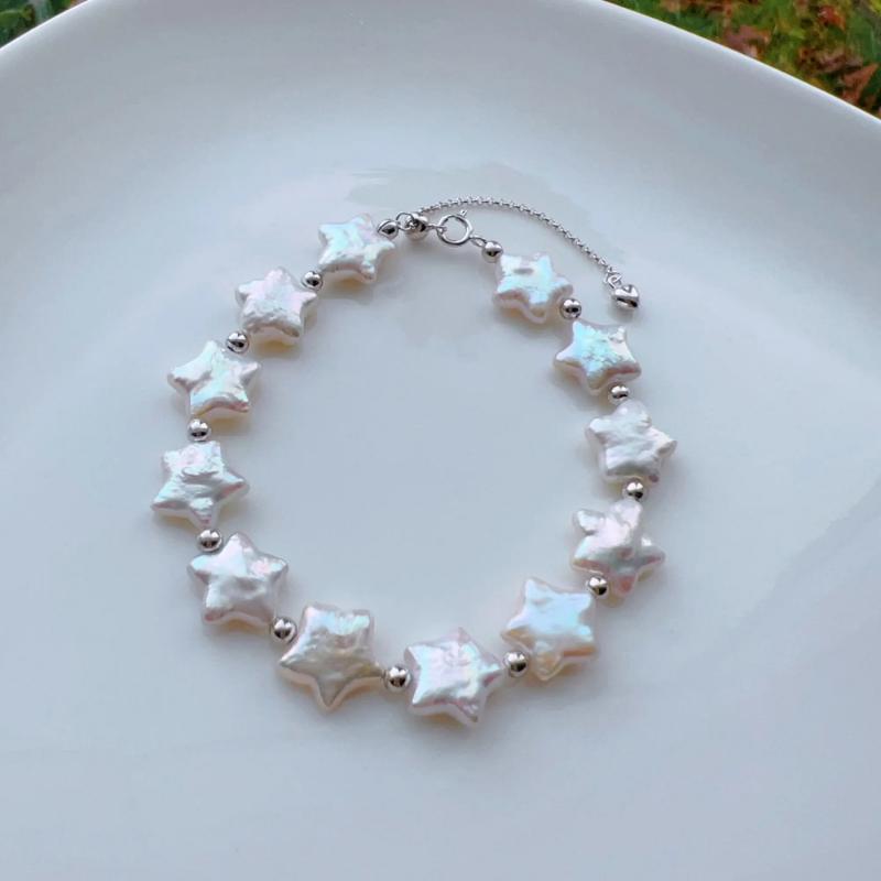 Piswency Star Baroque Pearl Bracelet, Real Freshwater Pearls Adjustable Bracelet, 925 Sterling Silver Setting, Gift for Her.