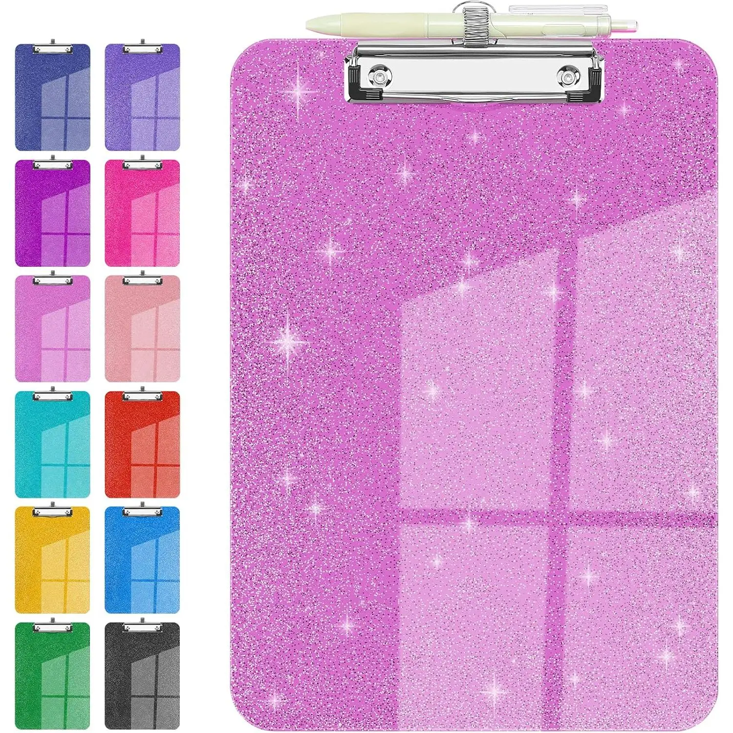 Sparkly Clipboard with Pen Holder, Clear Plastic Glitter Clip Board,  Shiny Clipboards with Low Profile Metal Clip, Letter A4 Size for Taecher Women Office School (Rose )