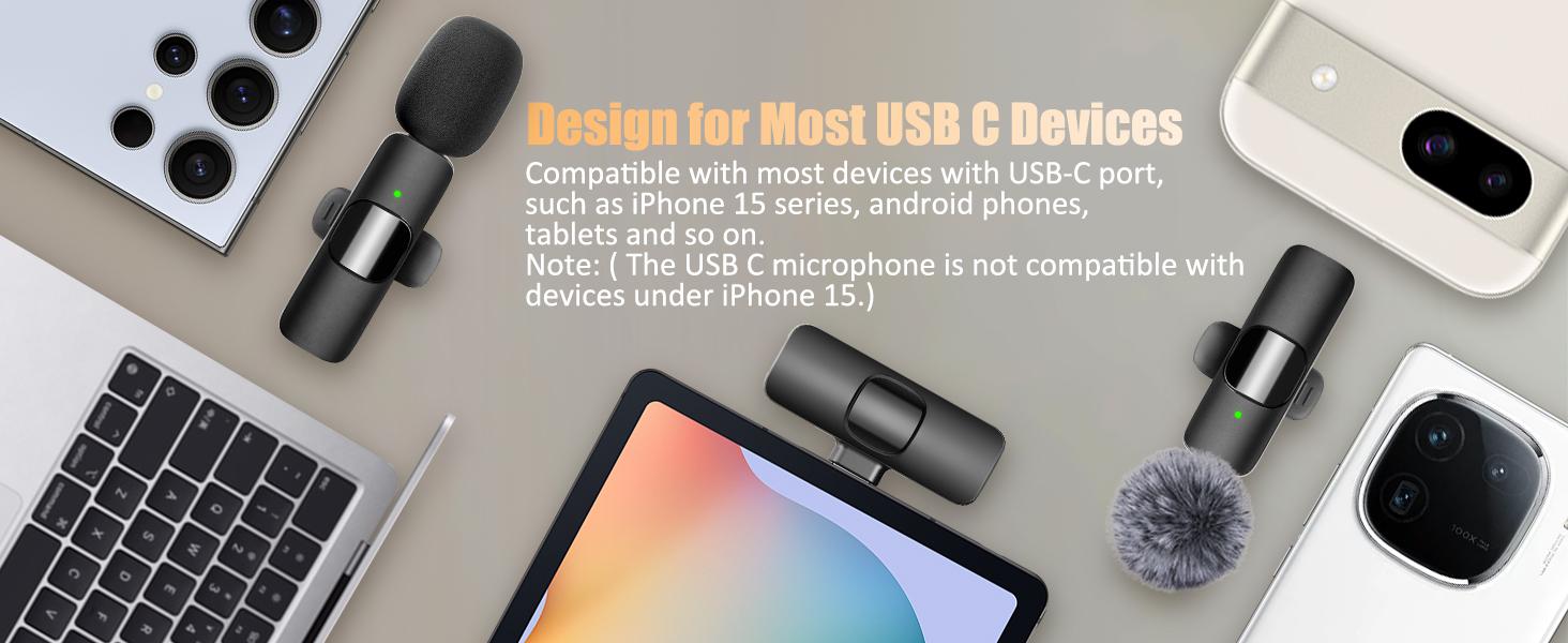 2 Pack Wireless Lavalier Microphone for iPhone 15, USB C Android Phone, Laptop, Tablet, PC, Type-C Mini Lapel Mic with Noise Reduction for Vlog Video Recording Content Creator TikTok Youtube Podcast : Musical Instruments