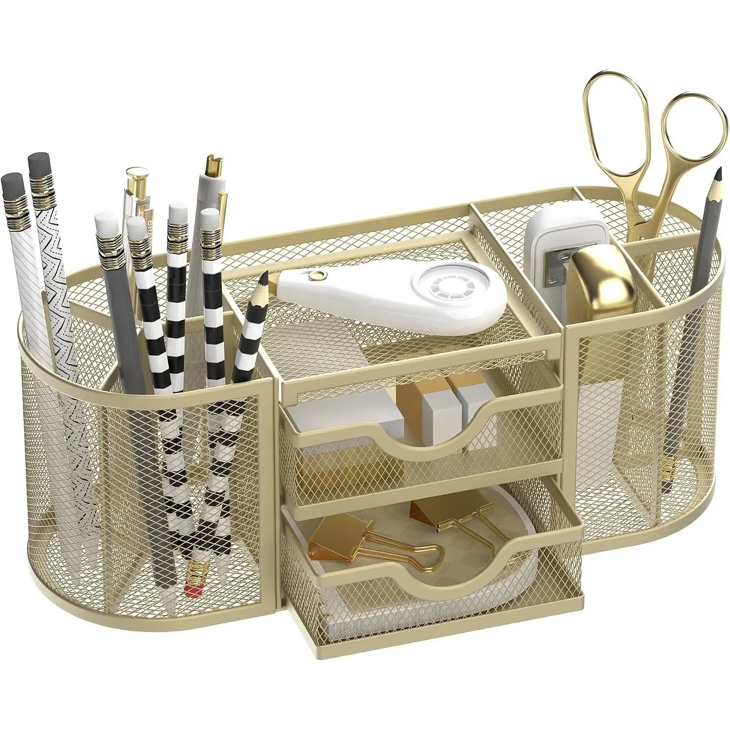 Mesh Desk Organizer, Desk Organizers and Accessories, Pen Holder with Drawers, Pencil Holder for Desk with 2 Drawer for Office Supplies, Golden yellowGift.