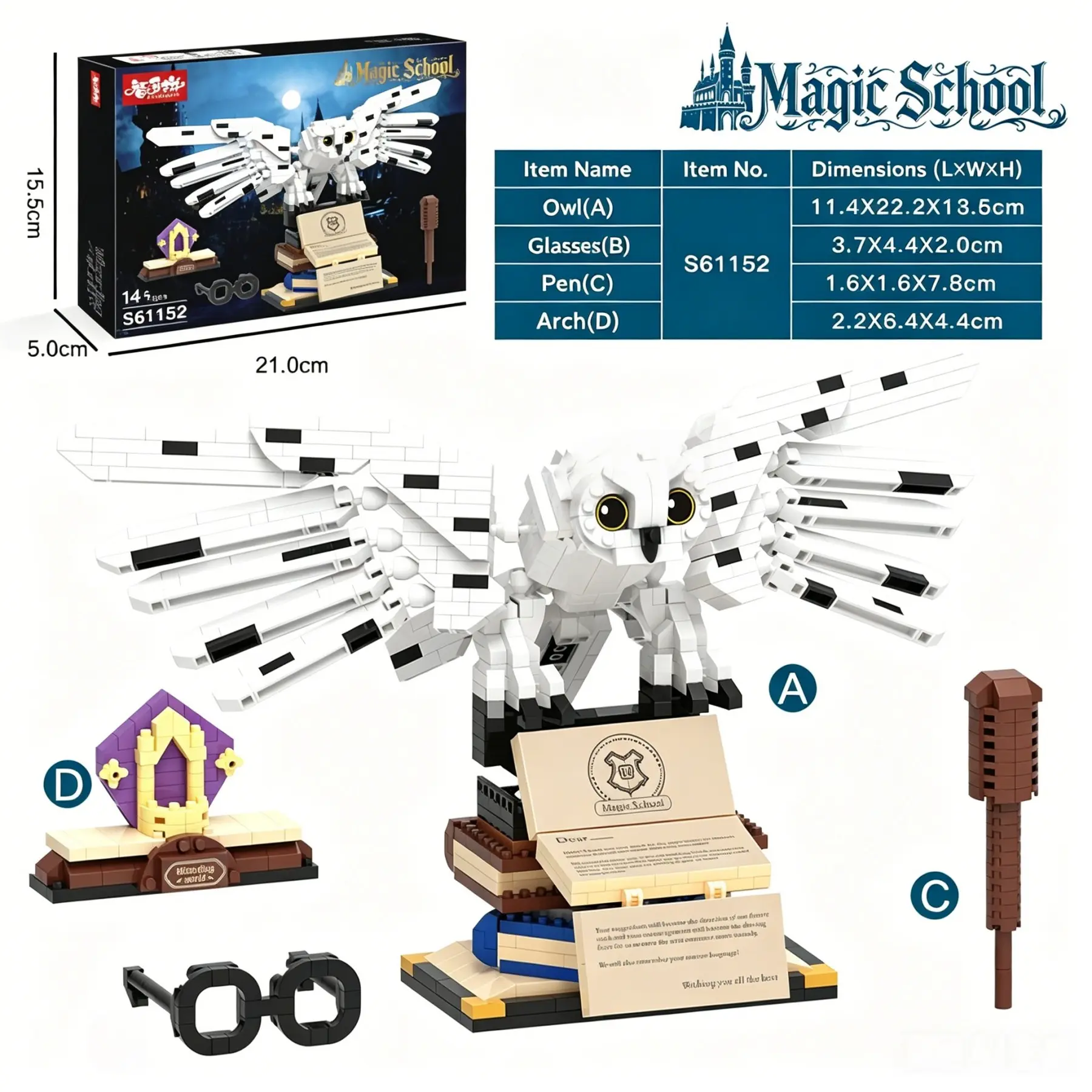 Magic School Snowy Hedwig Owl Micro Building Blocks Set, Building Sets, Wizard Themed Collectible Brick Model with Wand,Glasses,Arch Decor Accessories,DIY Assembly,Desk Ornament Construction Toy Birthday ChristmasGift for Magic Movie Fans Teens Adult