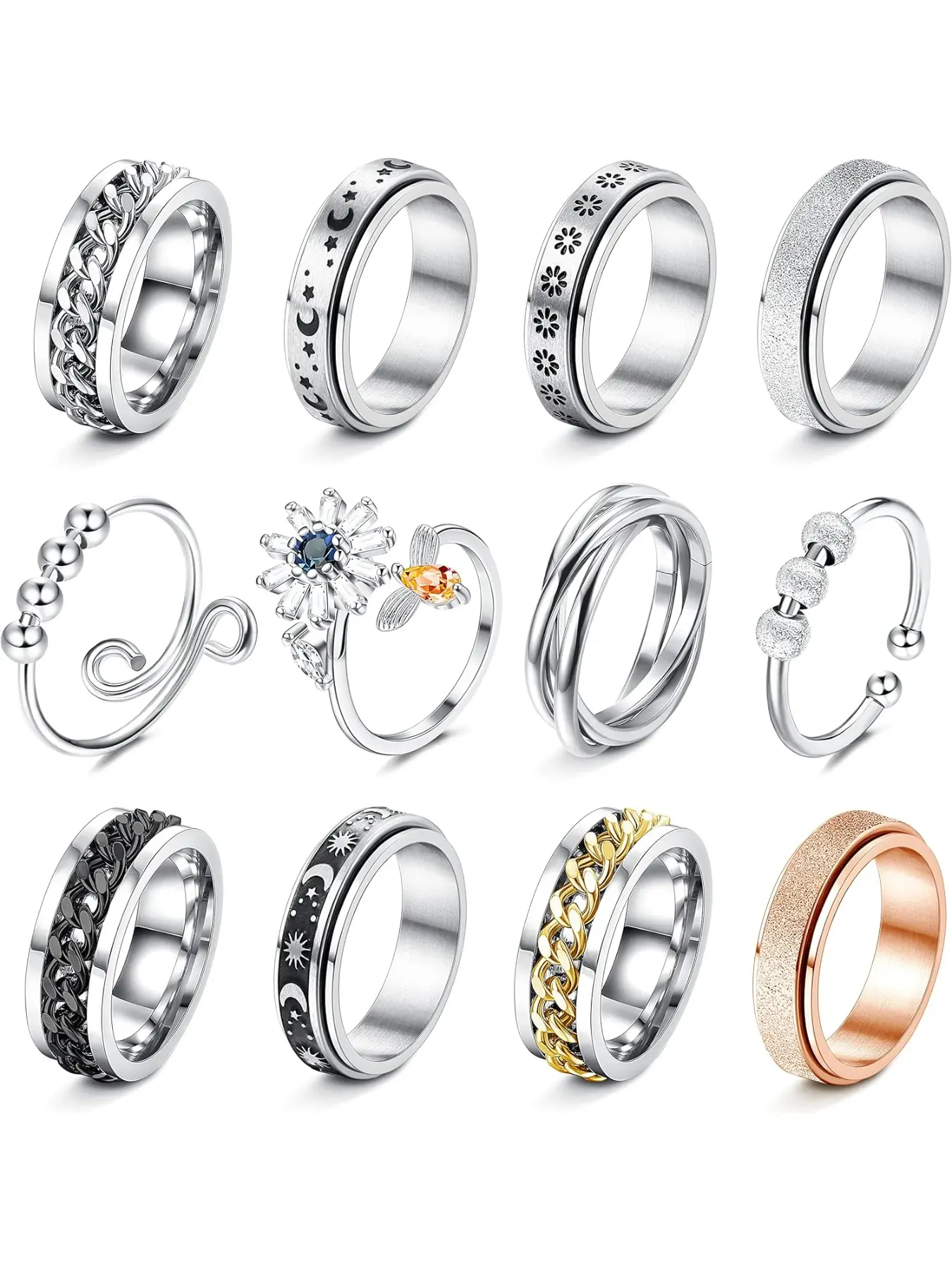 12Pcs Fidget Anxiety Rings for Women Men - Spinner Fidget Anti Anxiety Jewelry Rings for Anxiety Relieving Stress Flower Moon Star Stainless Steel Rings Adjustable Size 7