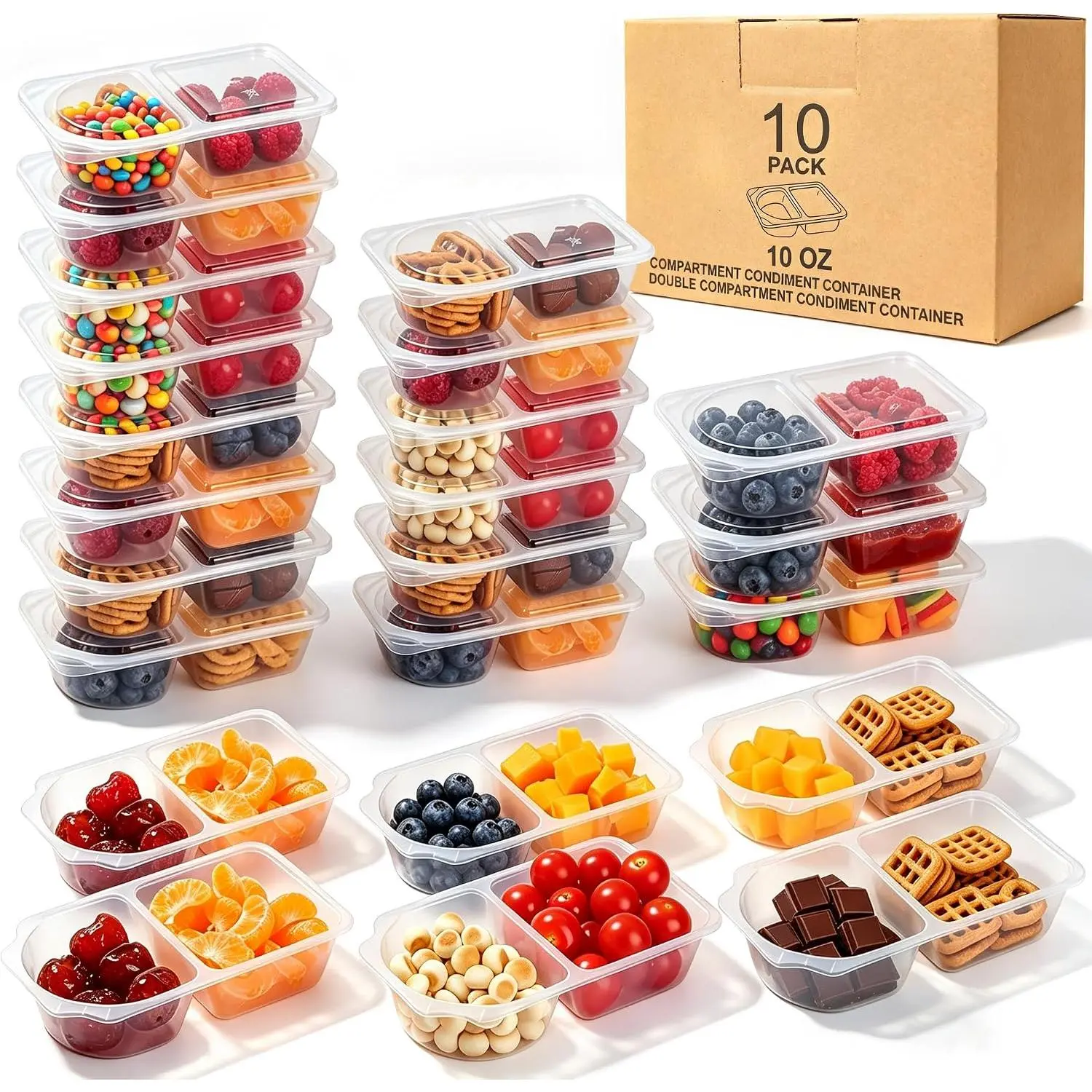 10OZ  Snack Containers with  | Snack Pack Containers 10 count | Snackle Box Portion Control | Meal Prep Containers | Double Compartment Snack Containers for Travel - Camping Essentials