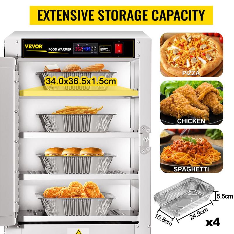 VEVOR Hot Box Food Warmer, 16"x16"x24" Concession Warmer with Water Tray, Four Disposable Catering Pans, Countertop Pizza, Patty, Pastry, Empanada, Concession Hot Food Hold Tested to UL Standards