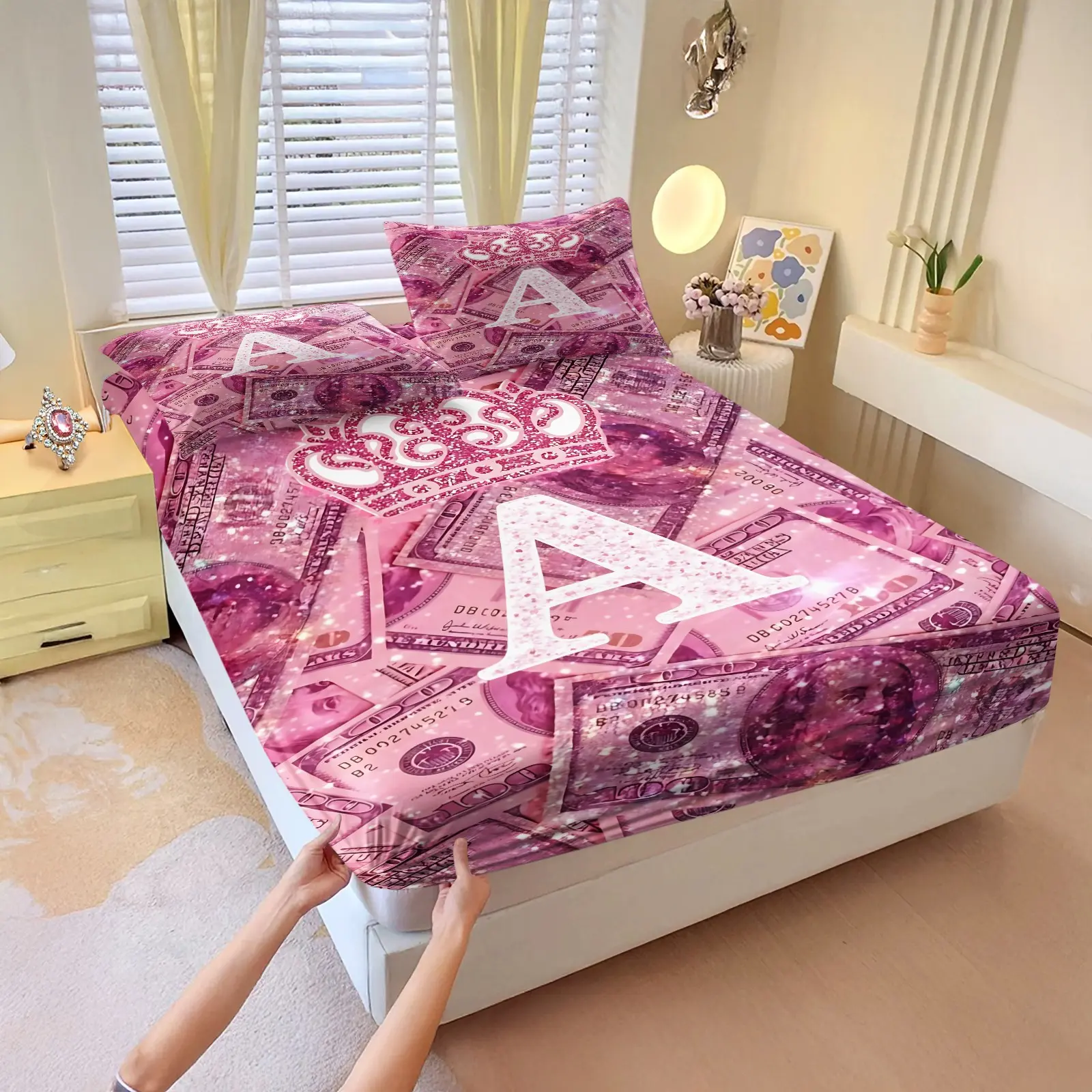 3-Piece Pink Banknote Print Fitted Sheet Set, Luxurious Crown And Letter Pattern Bedding Set, Soft And Breathable Microfiber Bedspread With Deep Pocket Design, Suitable For Bedroom Bedding Set, Includes 2 Pillowcases, Pillow Inserts Not Included.