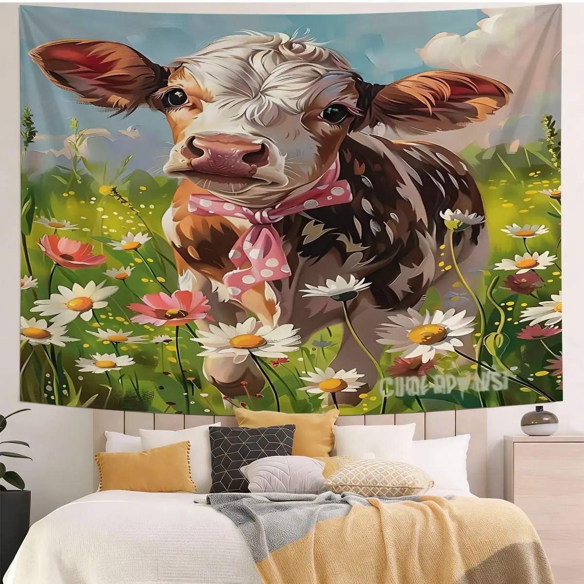 Daisy and Calf Print Tapestry Is A Fabric Wall Decoration Suitable for Living Rooms, Dormitories, and Studios. It'S A Top Choice for Those Who Love A Pastoral Style and Adorable Pets.