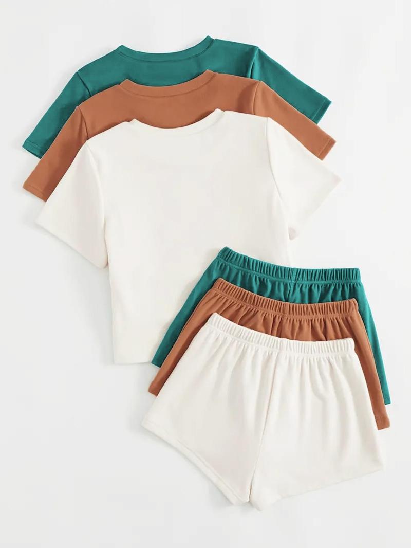 Women's Solid Color Tee & Shorts Loungewear Set, Casual Comfy Round Neck Short Sleeve T-Shirt & Elastic Waist Shorts PJ Set, Ladies Sleepwear for Summer, Pajama