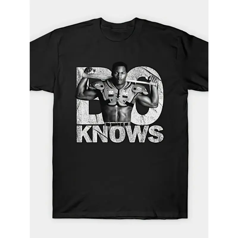 Men's Black Short-Sleeve Cotton T-Shirt - Loose Fit, Distressed Print, Bold "Bo Knows" Text, Retro Football Athletic Graphic, Cold Machine Wash, Casual Vintage Sports Top for Athletic Enthusiasts