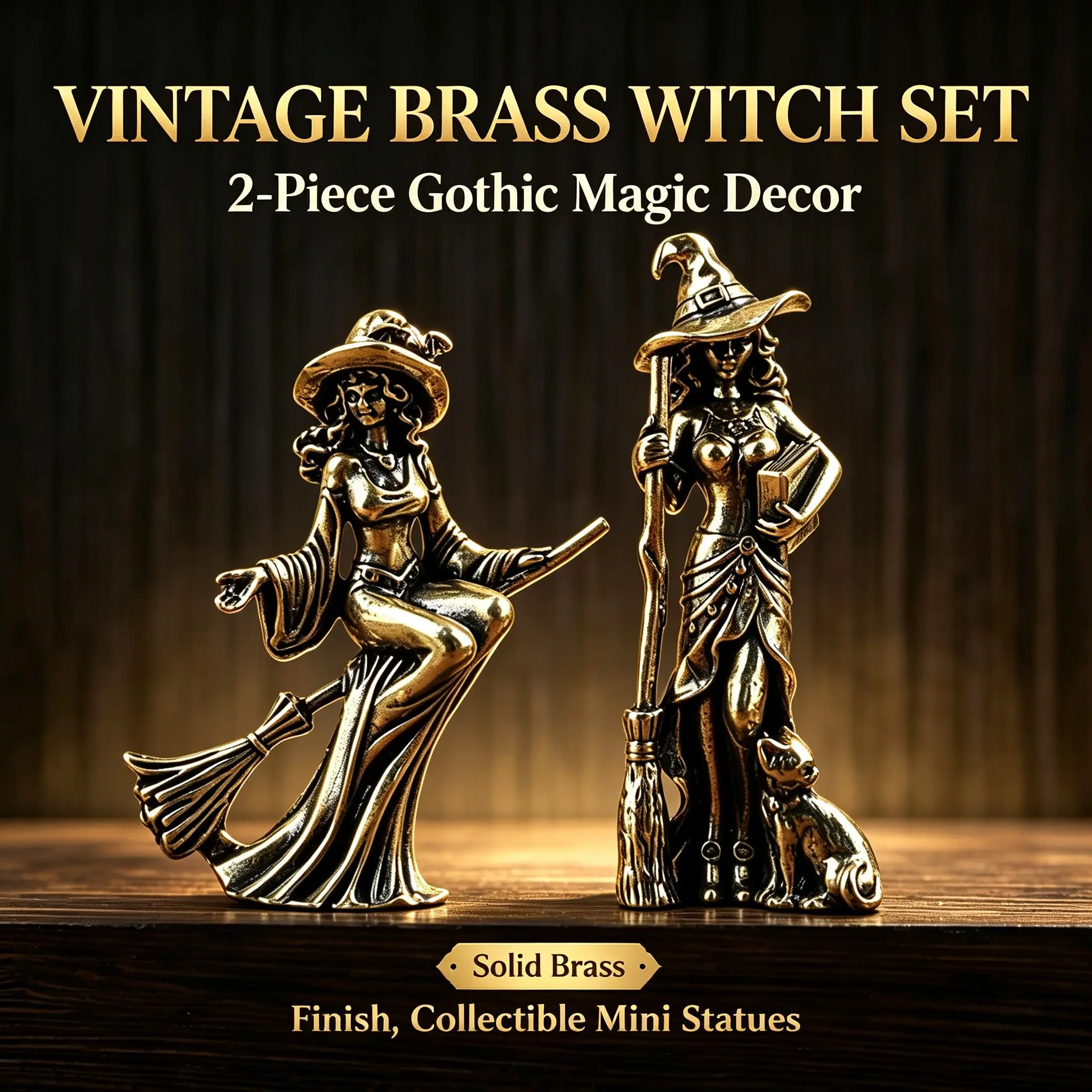 2 Piece Vintage Brass Witch Figurines, Gothic Halloween Desk Decor, Collectible Mini Witch Ornaments, Altar and Home Decoration