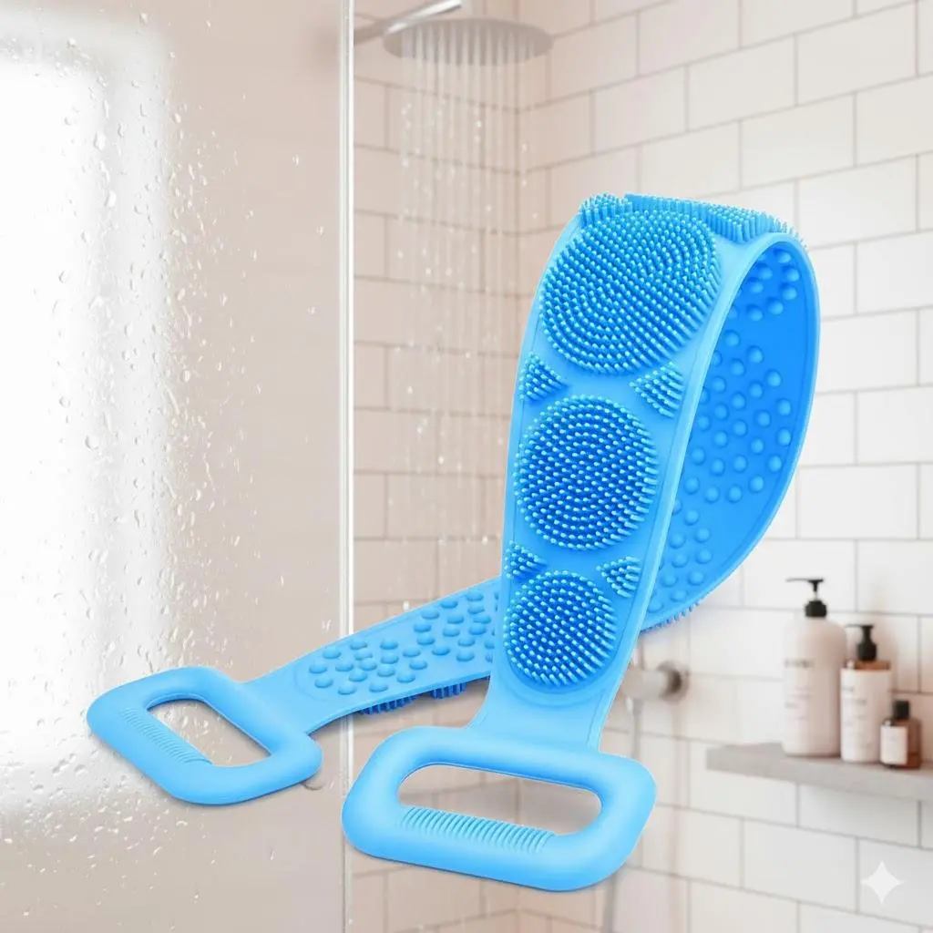Dual Head Silicone Body Scrubber, Exfoliating Brush for Sensitive Skin, Ergonomic Non-Slip Handle, Back Scrubber for Shower, Exfoliation and Massage, Washable & Durable Bath Brush with Textured Heads, Bath Accessories
