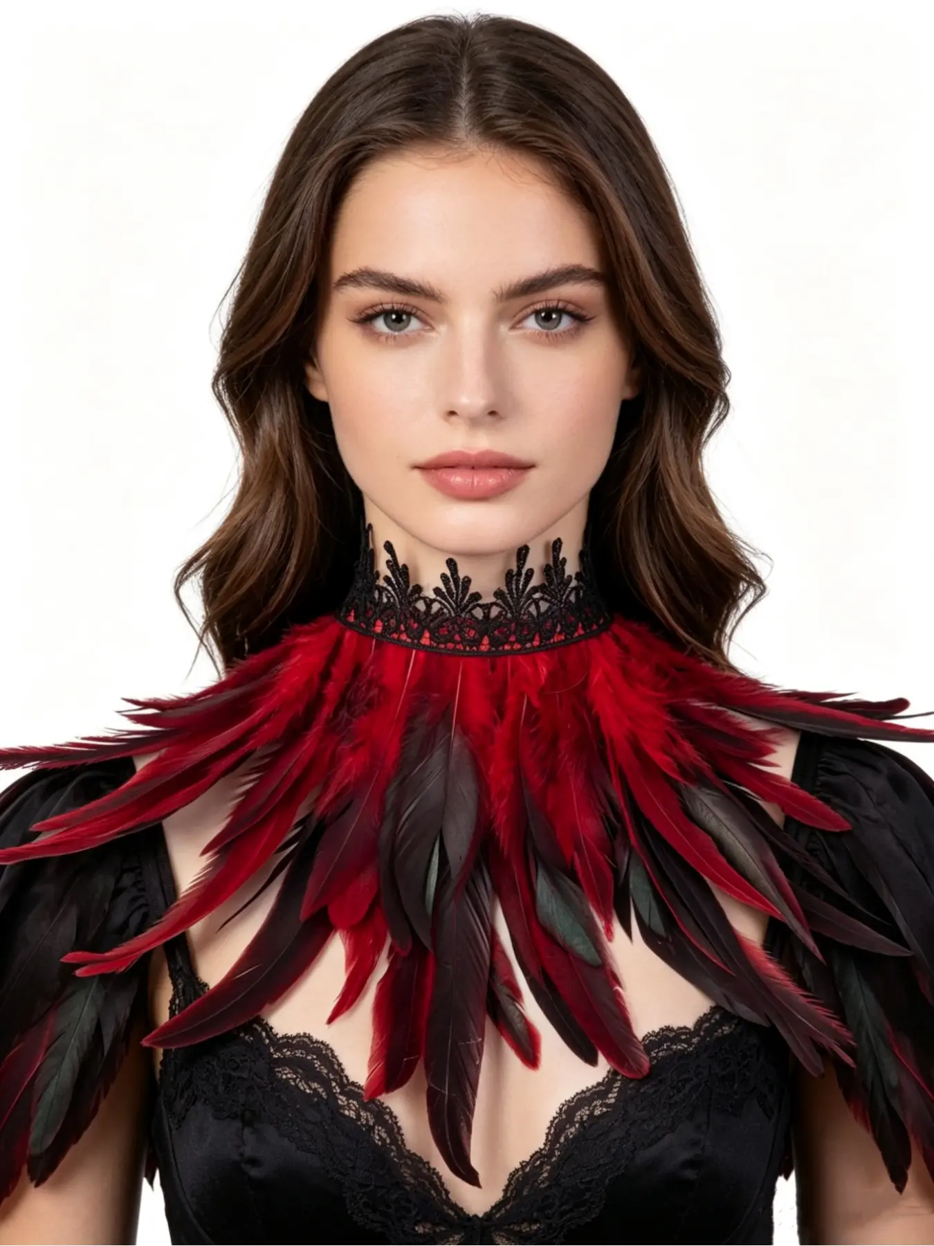 1 Gothic feather embroidered scarf for use at dance parties and festivals, as part of costuming and accessories made of lace and embroidery.
