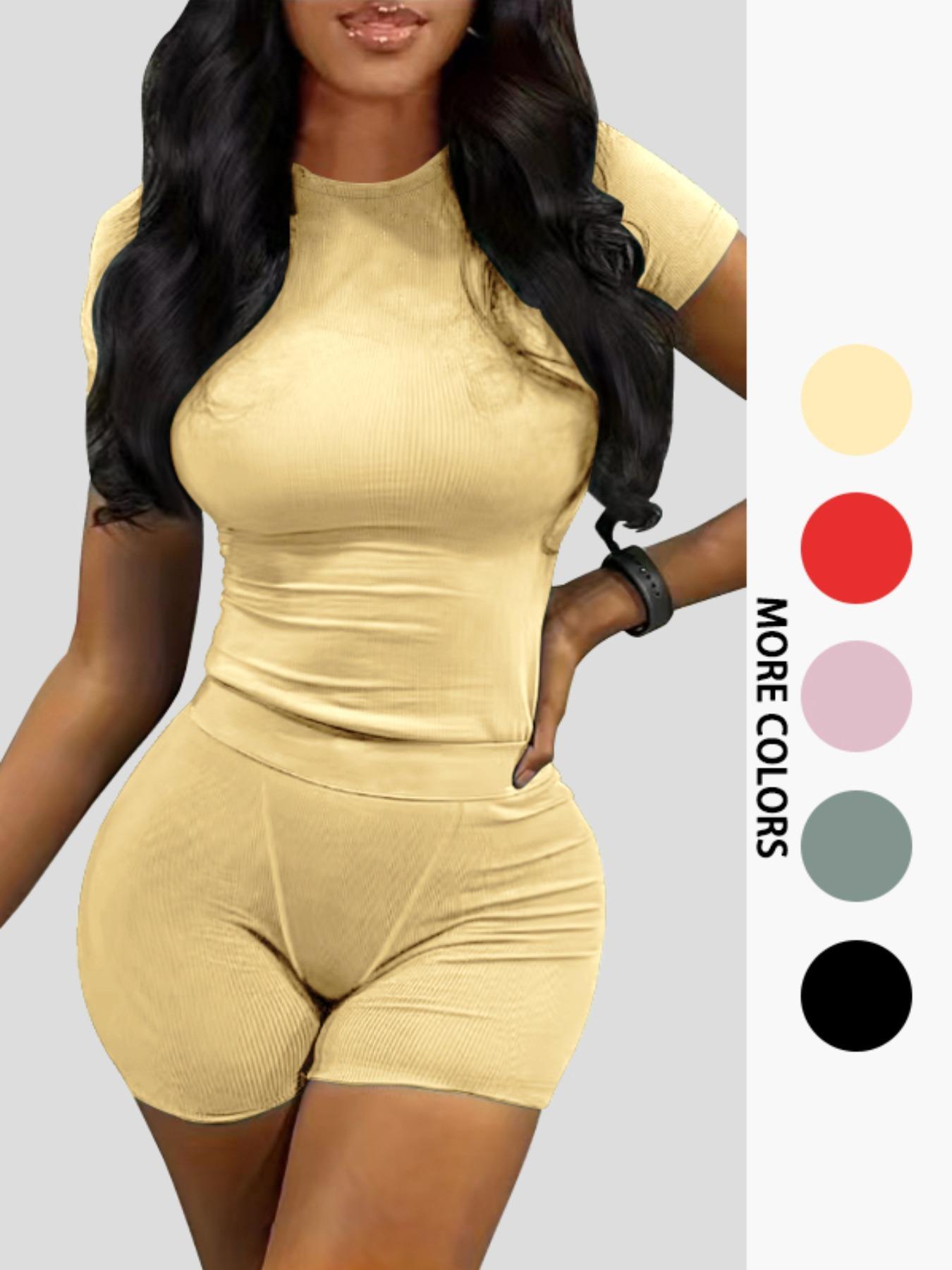 Women's Solid Ribbed Top & Skinny Shorts Set, Casual Comfy Round Neck Tee & Shorts For Yoga Gym Workout, Ladies Summer Clothes, Casual Activewear