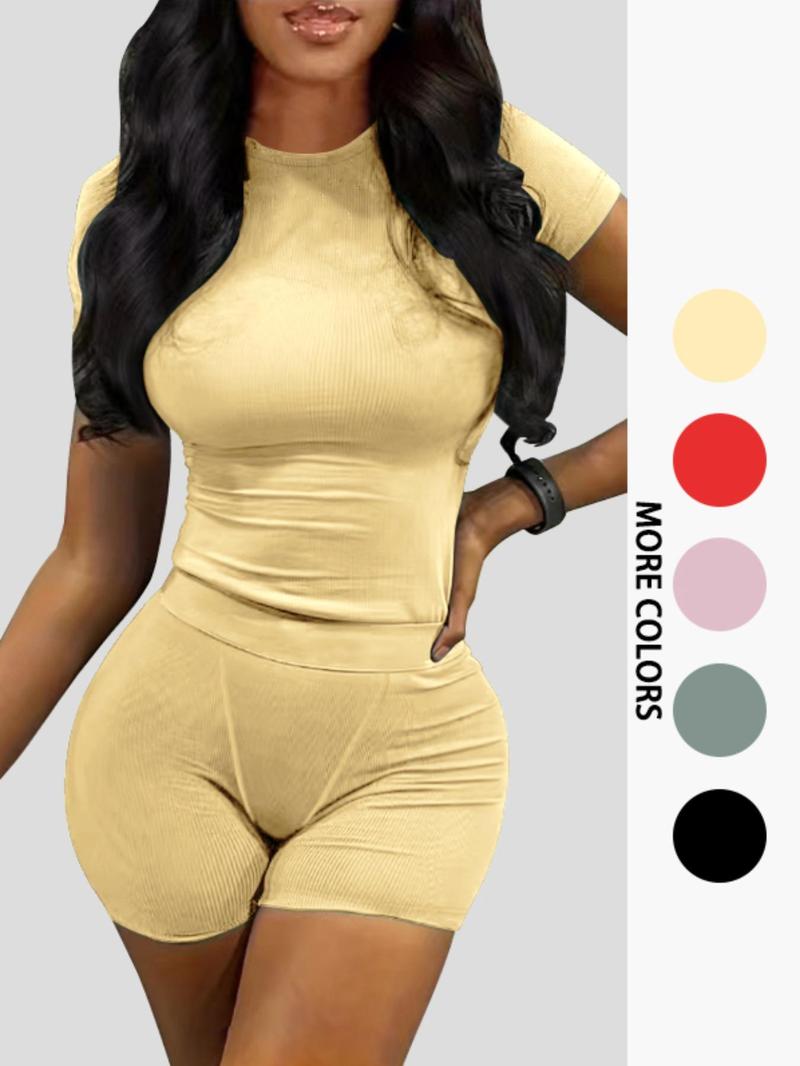 Women's Solid Ribbed Top & Skinny Shorts Set, Casual Comfy Round Neck Tee & Shorts For Yoga Gym Workout, Ladies Summer Clothes, Casual Activewear
