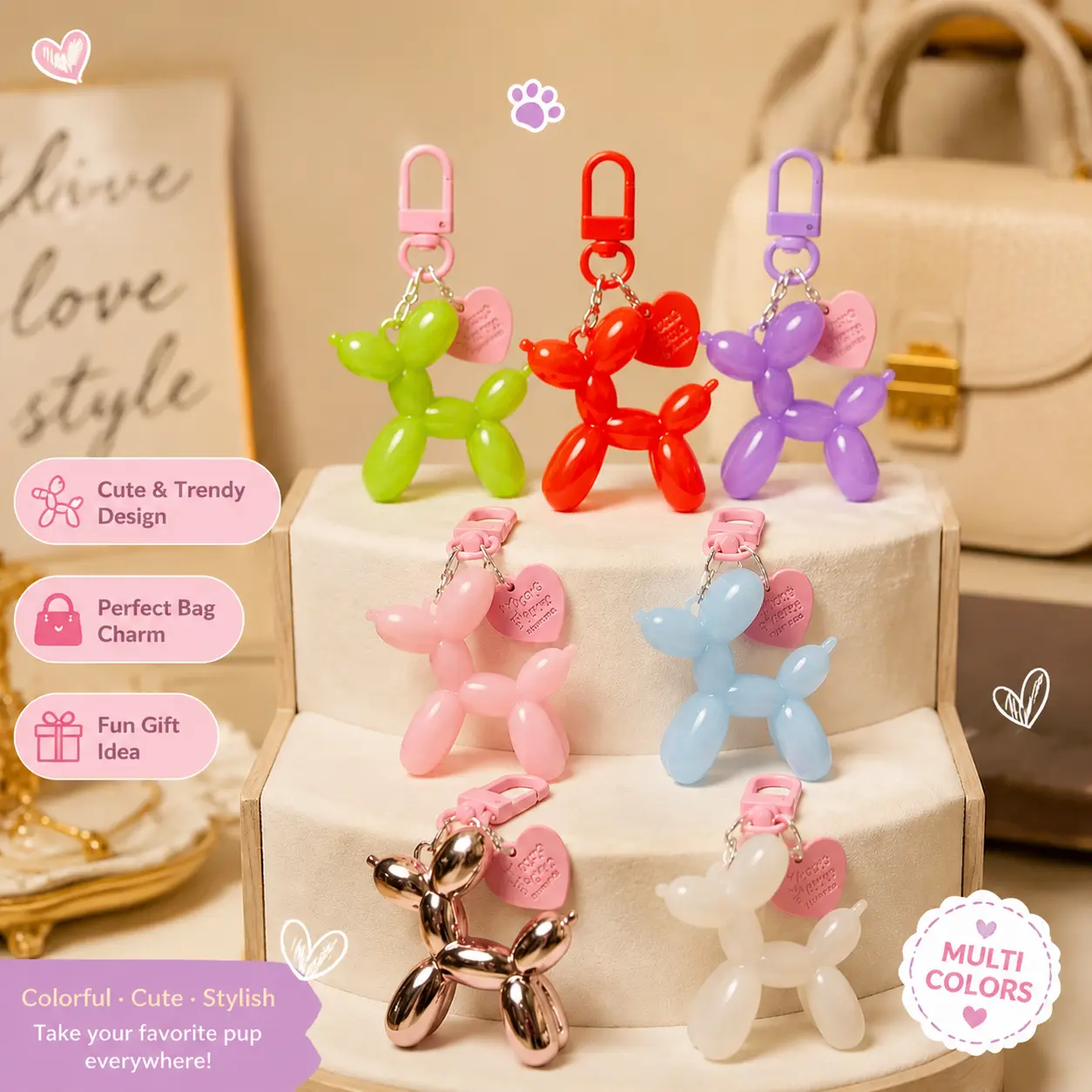 Jelly Balloon Dog Bag Charm Keychain for Women Girls, Cute Dog Keychain Accessories with Colorful Epoxy Resin Design, Aesthetic Backpack Purse Wallet Car Key Decor, Fun Gift Idea