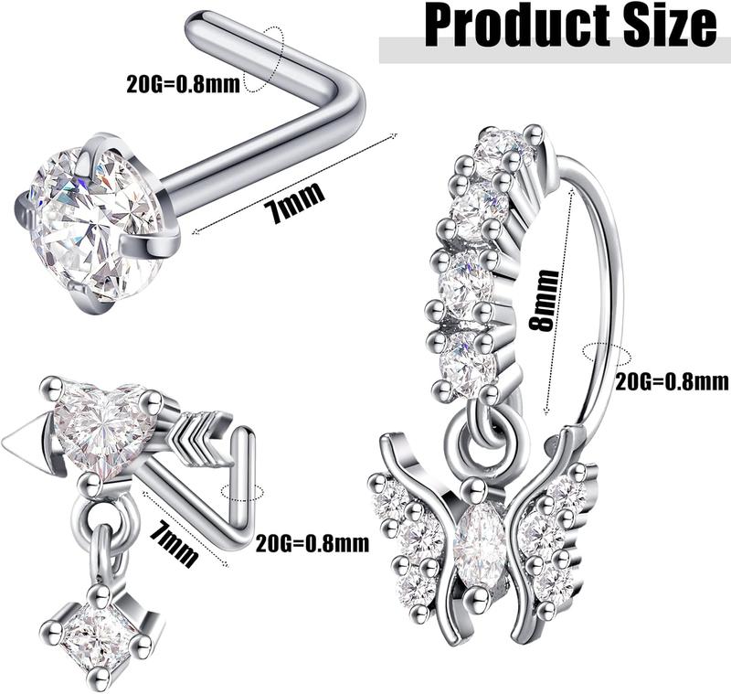 48 Pcs Dangle Nose Rings for Women Nose Piercings Jewelry Studs Hoops with Charm Stainless Steel Indian Nostril Rings for Women