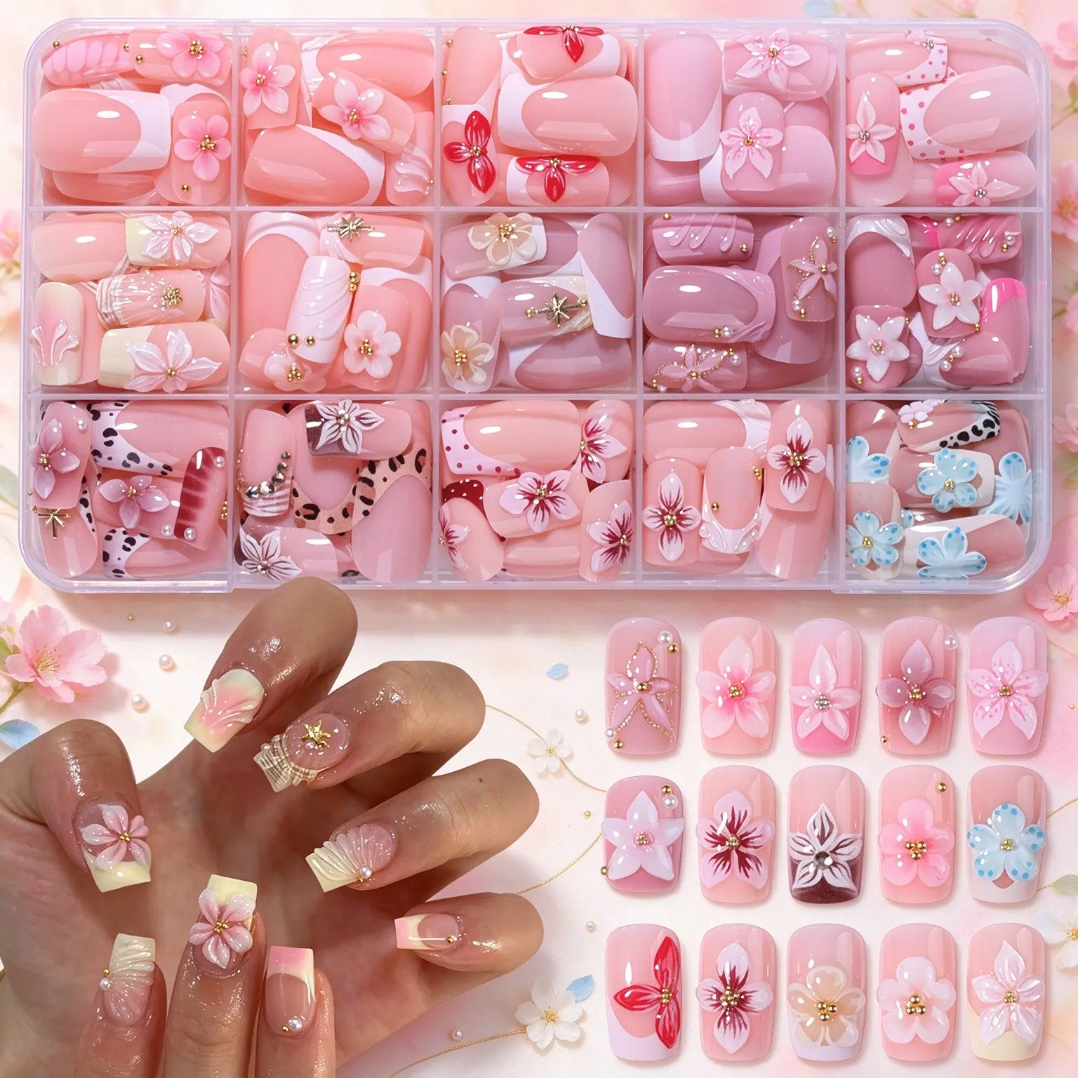 288pcs Short Square Press-On Nails, Nude, 3D Gel Flowers, French, Rhinestones, Acrylic Set, Nail Art Kit, Includes Jelly Glue and Nail File, Ideal for Women