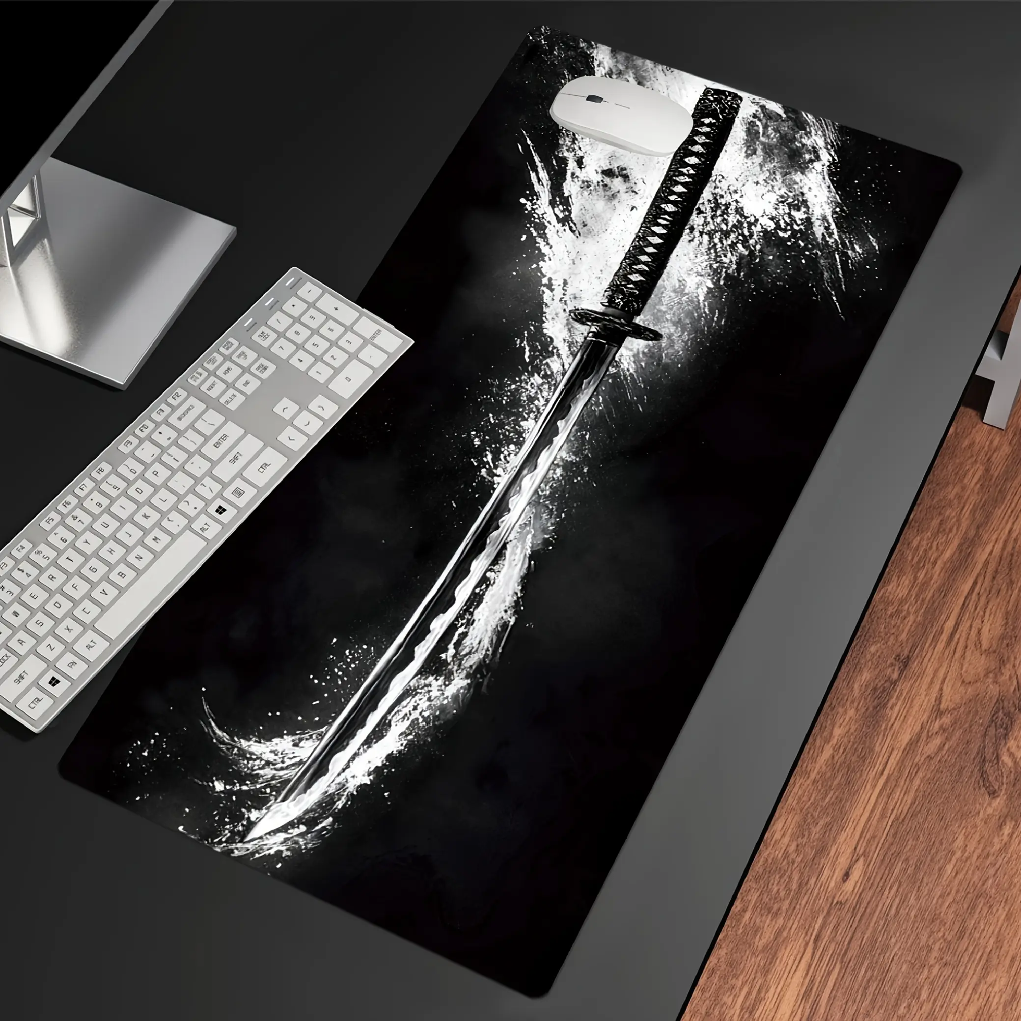 Gaming Mouse Pad - Features a samurai sword design, with a non-slip rubber base and smooth polyester surface, ideal for gaming and office desk use