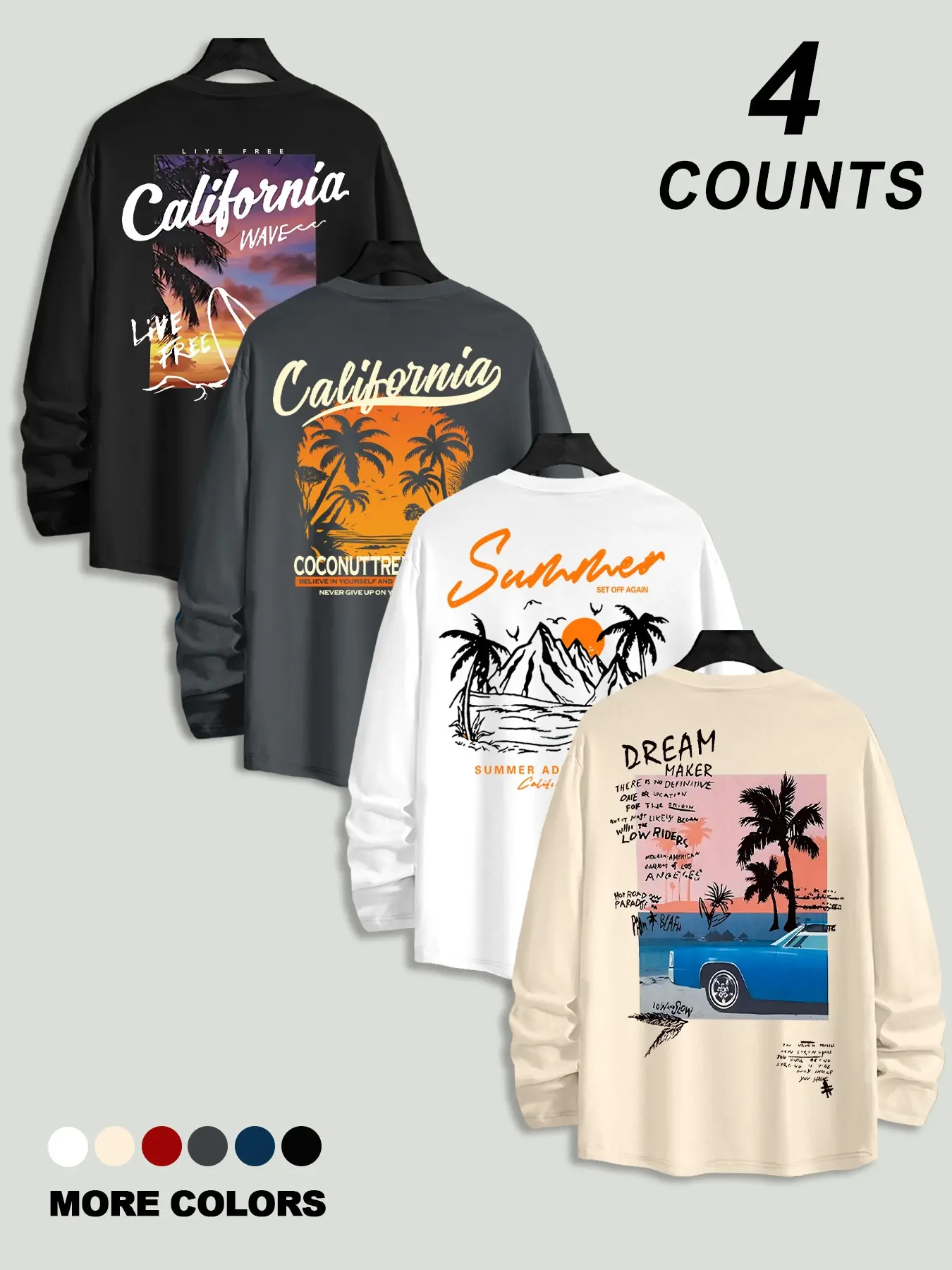 4-Pack Men's Round Neck Long Sleeve Shirts, Vintage California Coast Theme, Sunset Palm Tree Print, Casual Summer Vacation Style
