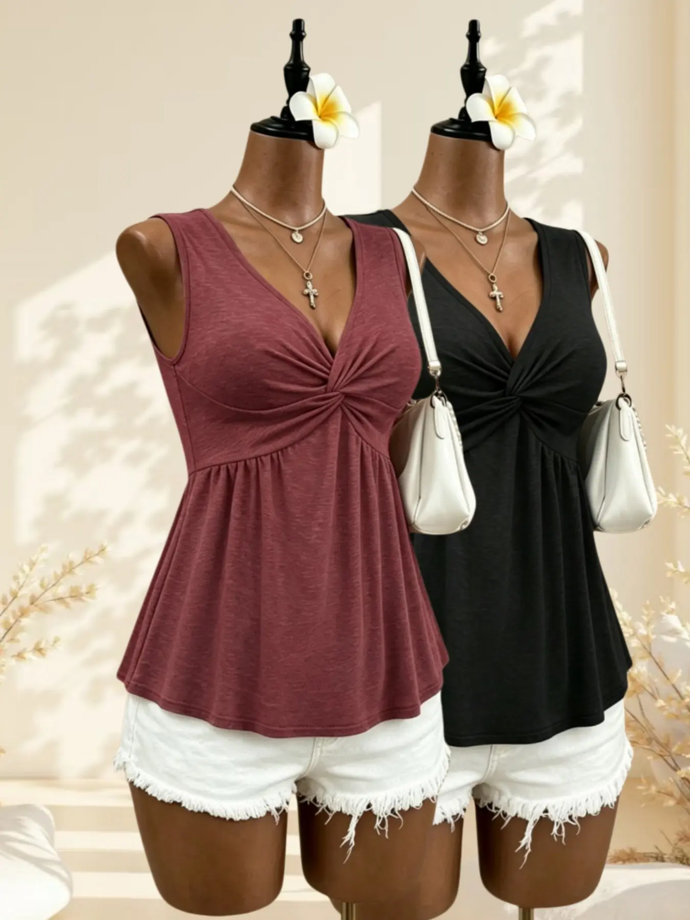 French Casual Summer Solid Color Basic V-Neck Tank Top, Front Pleated Design, Slim-Fitting, Loose Fit, Office Wear, Women's Two-Piece Set