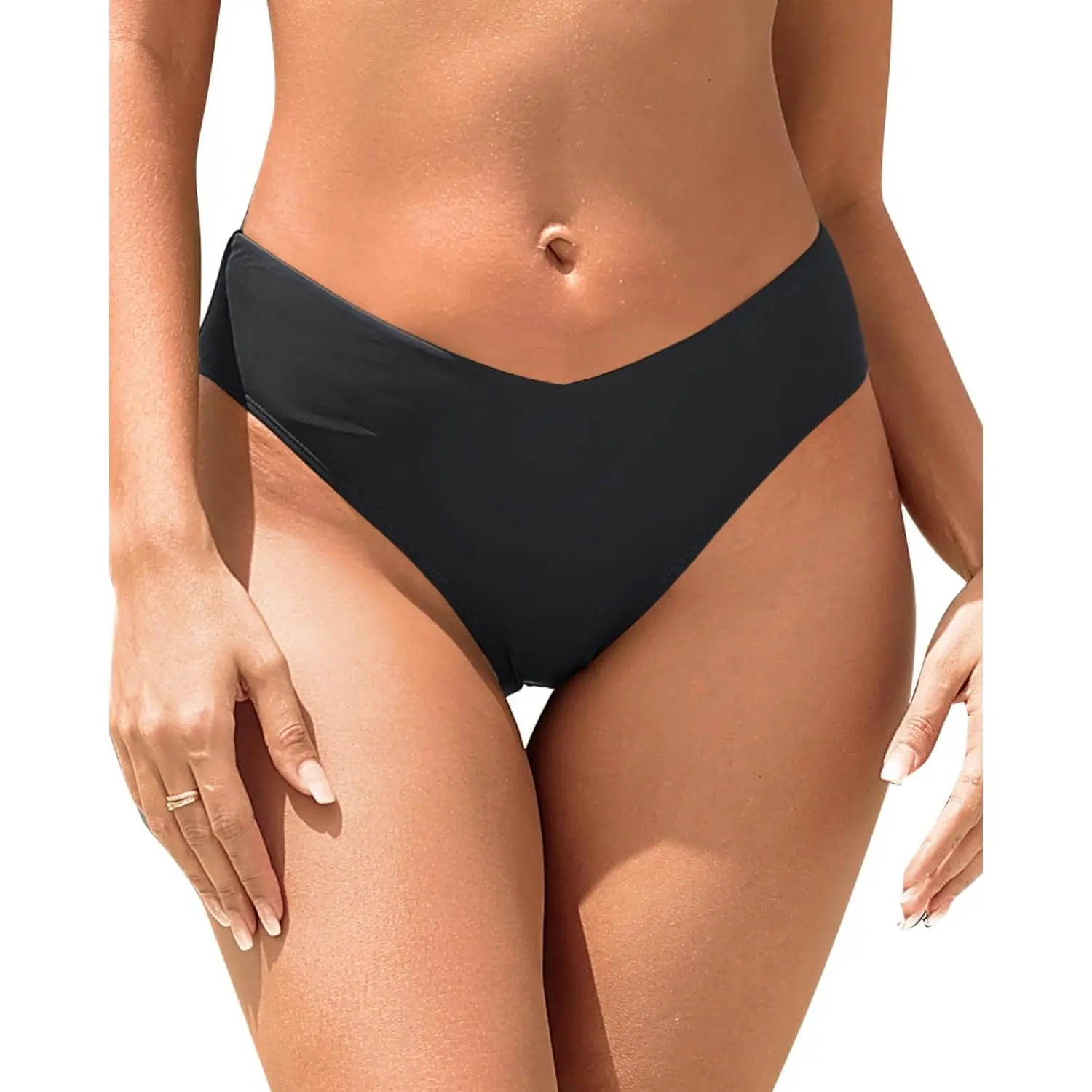 Tempt Me Women Mid Waist Bikini Bottoms - V Cut Front Swim Bottoms High Cut Cheeky Bathing Suit Bottoms Swimsuits