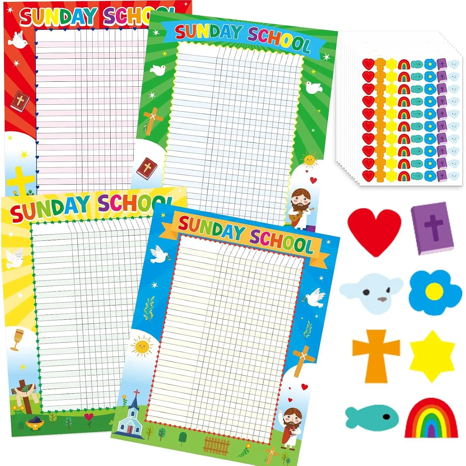 Sunday School Attendance Chart for  Christian Classroom Incentive Chart with Stickers for VBS Behavior  Church Religious Theme Activities Supplies Party Decoration Favors 8 count