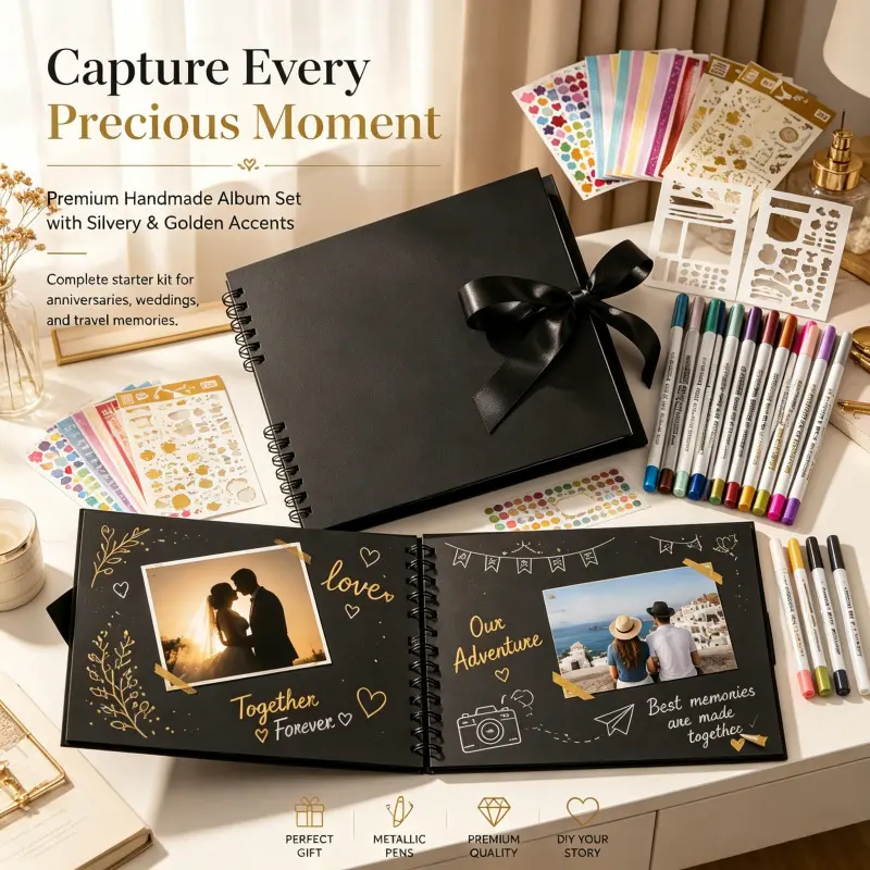 Complete DIY Scrapbook Album Kit Black Blank Handmade Inner Pages Metal Pen Assorted Stickers Drawing Templates Travel Memory Storage Book