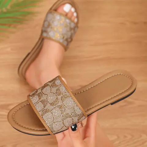Rhinestone Slide Sandals with Tan Trim Flat Comfy Sole, Versatile for Daily Commute Holiday Matching All Outfits, Fashionable Comfy Sandals