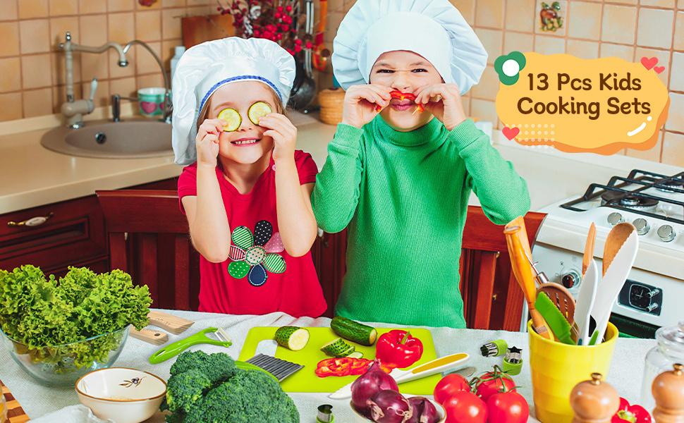 13 Pieces Kids Safe Knife Set for Real Cooking Child-Friendly Plastic Chef Tools Montessori Kitchen Toys for Toddlers with Bright Colors Gifts for Boys and Girls