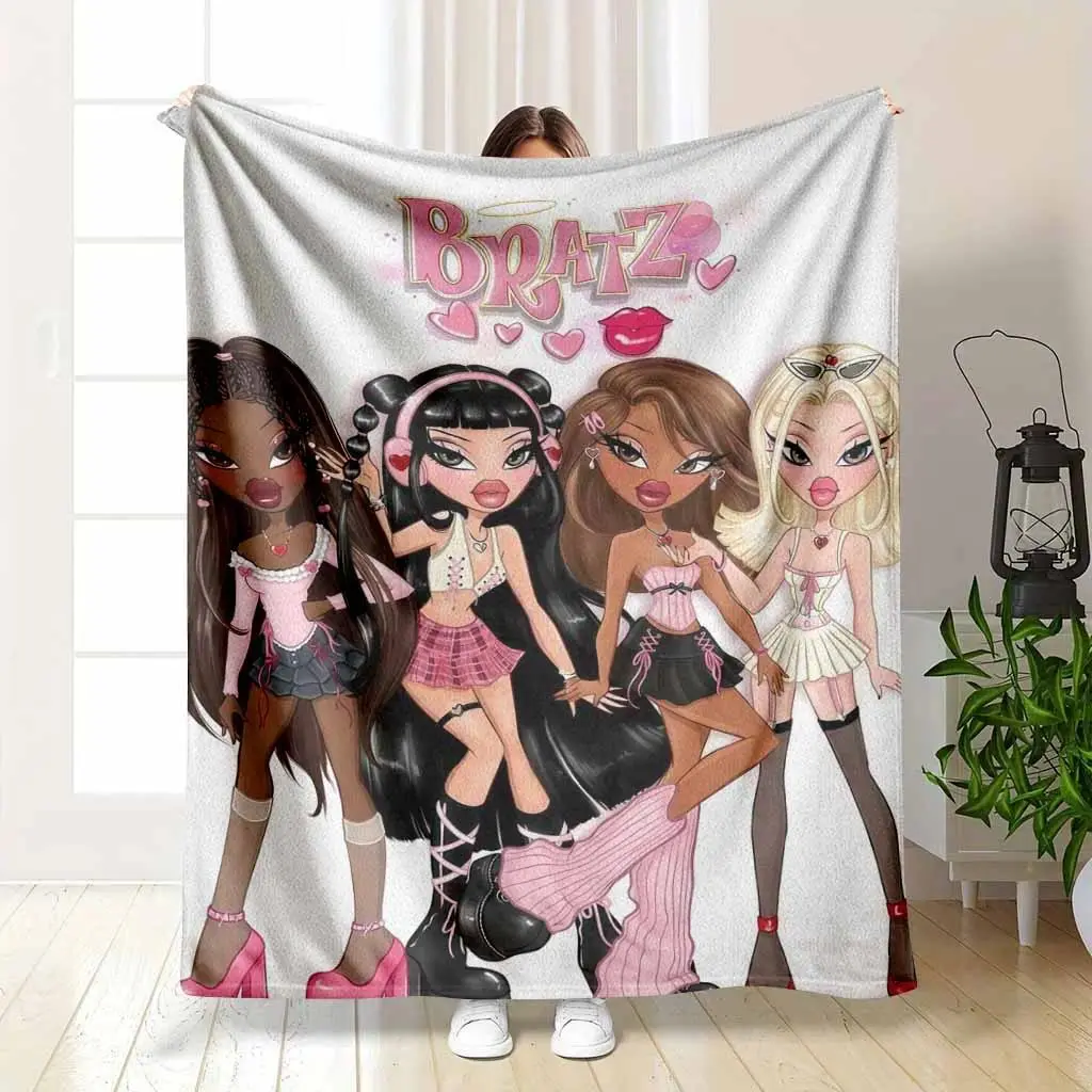 Cute Bratz Doll Flannel Blankets Throw Blankets Y2K Fashion Girls Pink Aesthetic 2000s Nostalgia Graphic Bedding Bed Accessories Soft Cozy For Home Decor Best Friend Holiday Gift