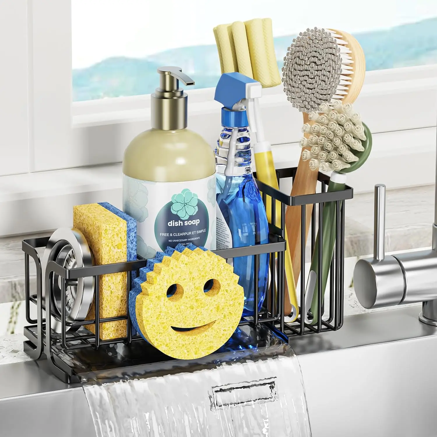 Sink  Sponge Holder, Smiley  Sponge Rack with High Brush Holder,Rustproof Kitchen Countertop Organizer,Kitchen Gadgets Sink Accessories, Black