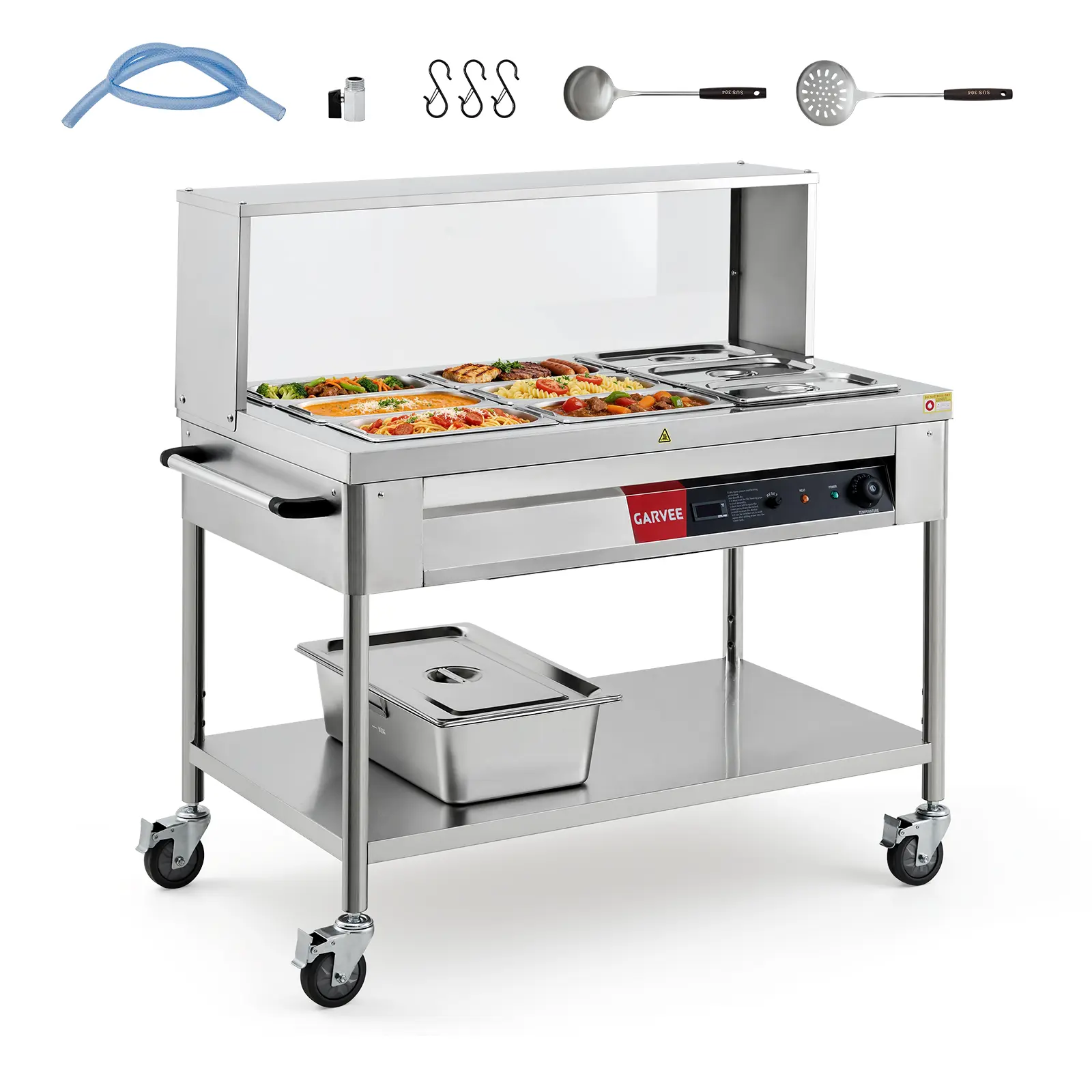 Electric Commercial Food Warmer - 9x8QT Stainless Steel Bain Marie Steam Table with Acrylic Shield, Overshelf & Undershelf, Adjustable Temperature Control, 1800W