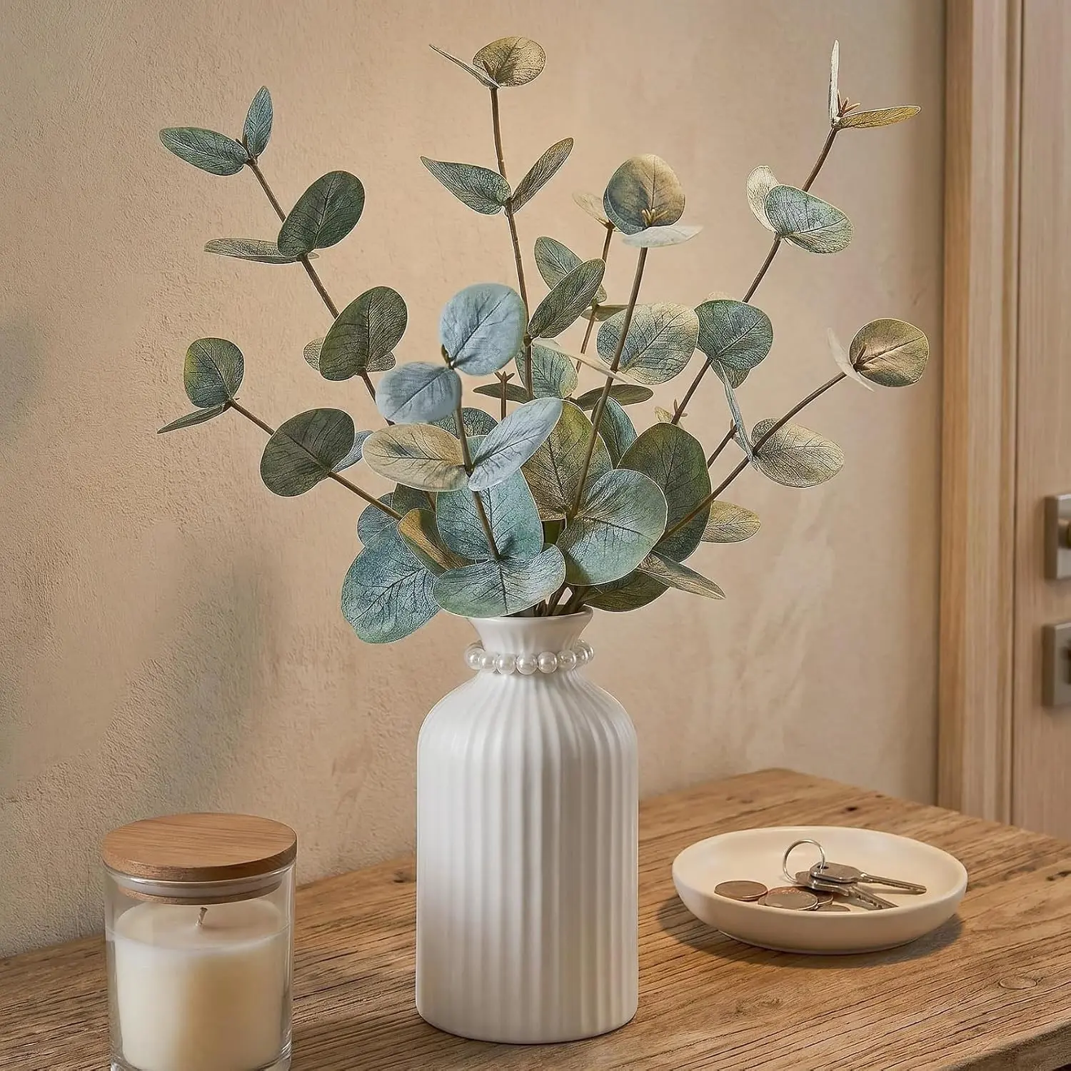 Artificial Eucalyptus Stems in Vase, Faux Plants with Frosted Ceramic Vase, Nordic Style Fake Green Plants with Bottle Set for Home Decor Indoor Centerpiece (Green Eucalyptus with White Vase)