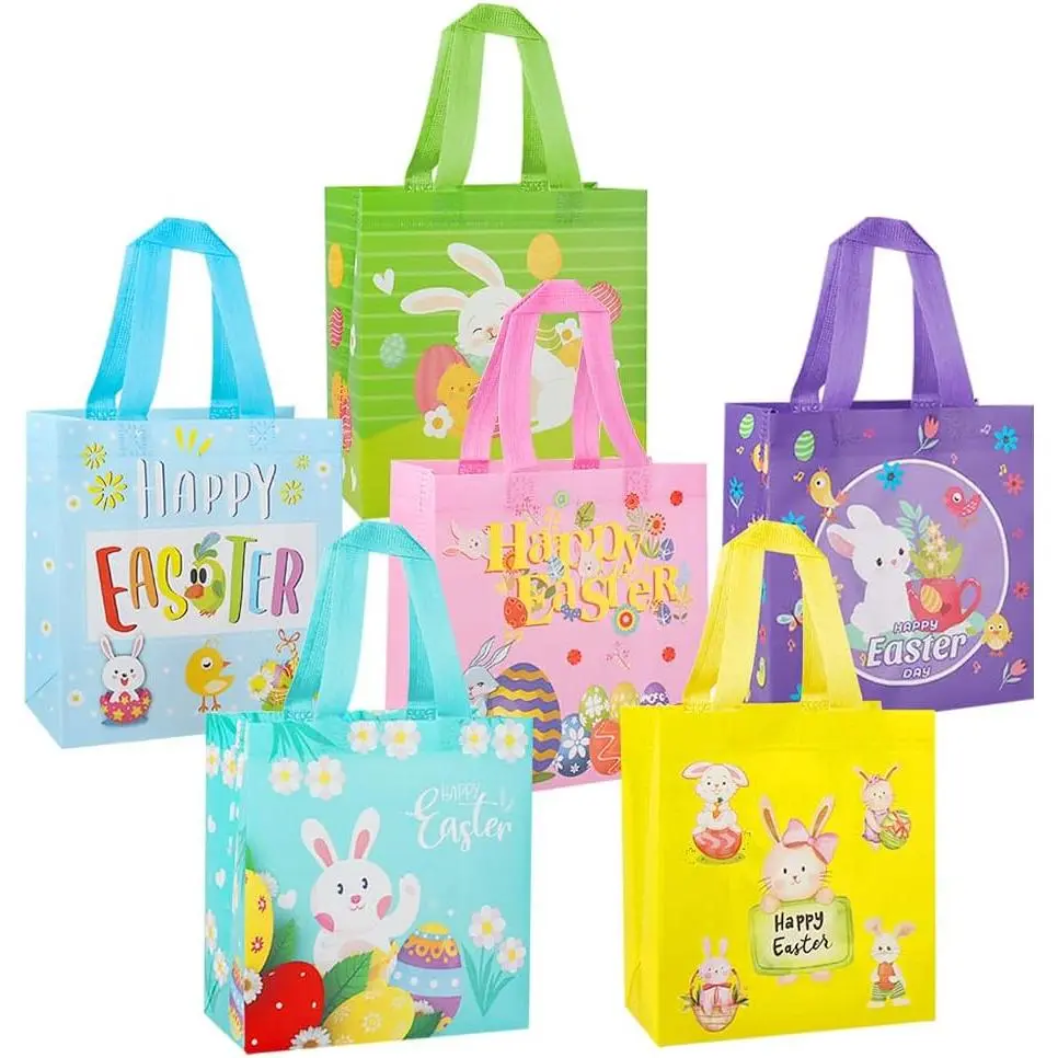 Easter  Bags ,6pcs Easter Tote Bags with Handles,Happy Easter  Bags for , Non-Woven  Easter Goodie Bags,Egg Hunt  Easter Holiday Party Supplies