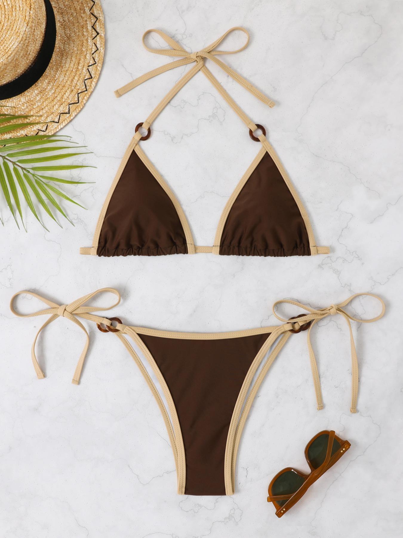 Two-Piece Set Women's Contrast Binding Ring Linked Set for Summer 2024, Casual Halter Triangle Swim Bra & Tie Side Swim Bottom, Ladies Summer Swimwear Linked Bikinis Sets