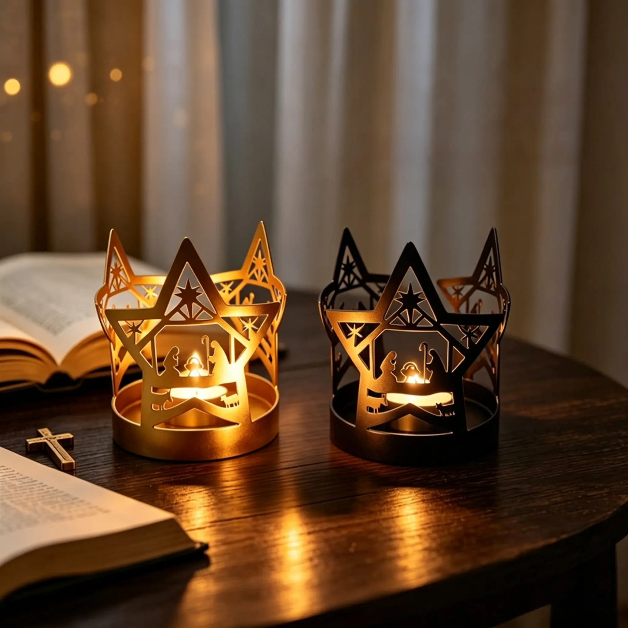 Metal Hollow‑Out Gold‑Black Two‑Tone Christmas Angel Iron Candle Holder, Party & Holiday Dining Table Candle Decoration