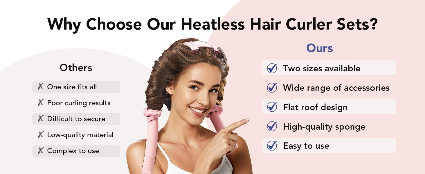 Heatless Curls Overnight, 2 Sizes of Soft Hair Rollers for Women with Bonnet to Sleep In, No Heat Hair Curlers Set with Scrunchies and Clips, for Long and Medium Hair (Pink)