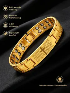 Men Cross Scripture Magnetic Therapy Bracelet, Adjustable Stainless Steel Link Wristband, 18K Gold Tone Plated Silver Black Rose Gold 5 Colors, Hypoallergenic Tarnish Free, Religious Faith Protection Health Jewelry Gift For Him