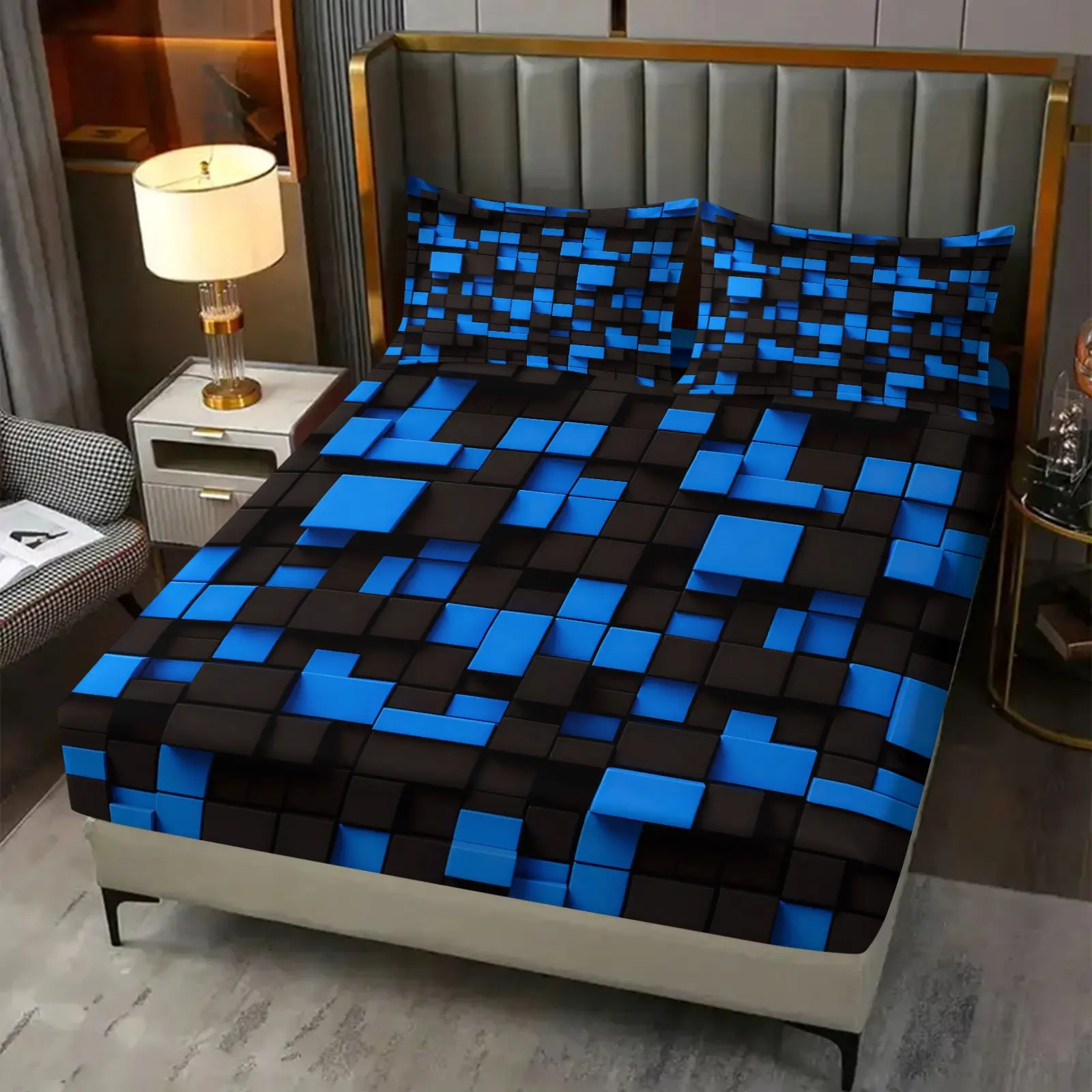 3D Blue and Black Neon Grid Print Fitted Sheet Set 3-Piece-High Elastic Soft Ultra-Fine Fiber Mattress Protector-Cyberpunk Techwear Style Bedding-Ideal for Boy & Teenage Bedroom Gaming Room Dorm Decor Technology Themed Bedding