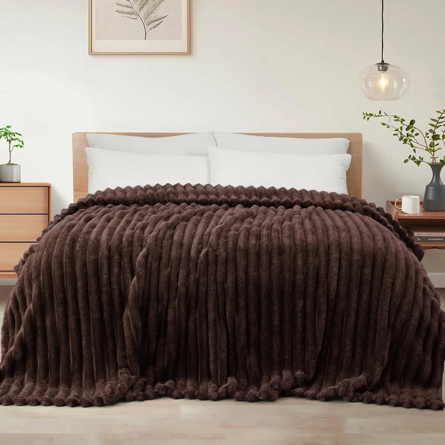 Striped King Size Fleece Blanket for Bed, Couch, 90"x104" | Soft Breathable Cozy Bed Blankets, Lightweight Plush Fluffy Fuzzy Jacquard Decorative Blankets