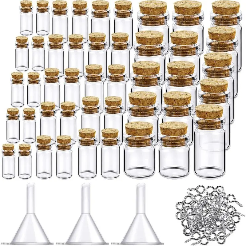 45PCS Mini Glass Bottles with Cork Lids, Tiny Clear Jars with Funnels & Screws, Small DIY Craft Containers for Jewelry Making, Decorations, Party Favors and Handmade Projects