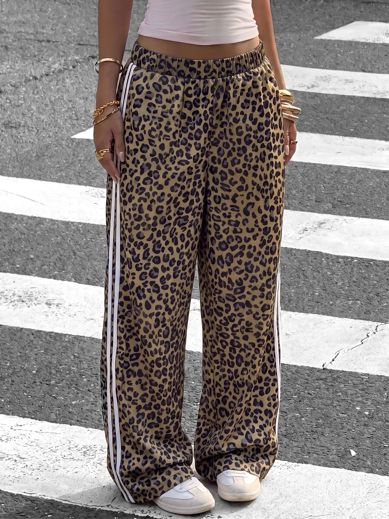 Vintage Leopard Print Double Side White Stripe Wide Leg Pants, Elastic Waist Loose Straight Casual Trousers For Women Street Daily Wear Bottoms