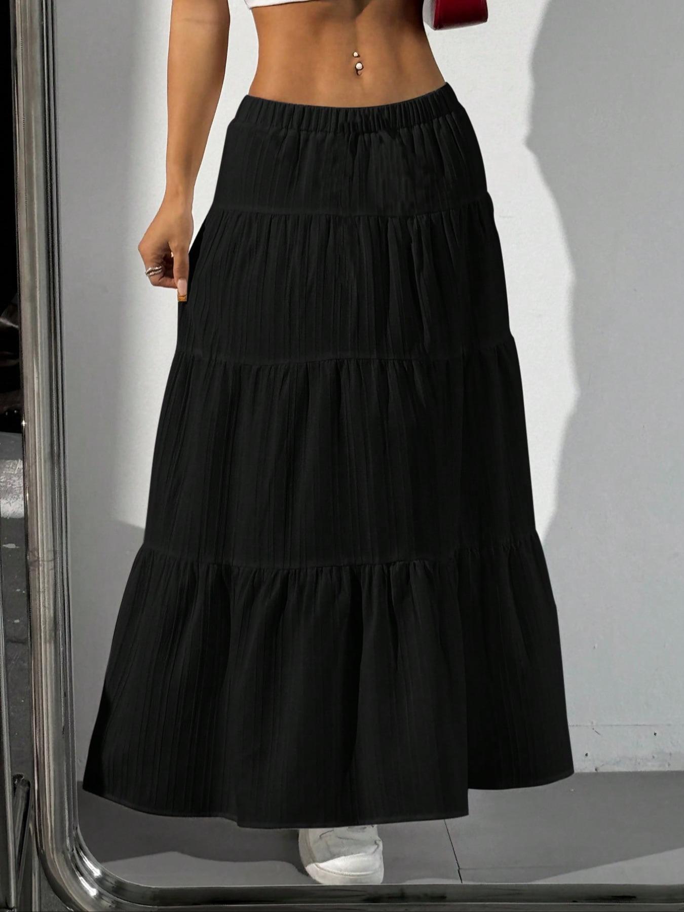 Women's Plain Ruffle Hem A Line Skirt, Casual Fashion Long Skirt for Daily Wear, Ladies Bottoms for All Seasons