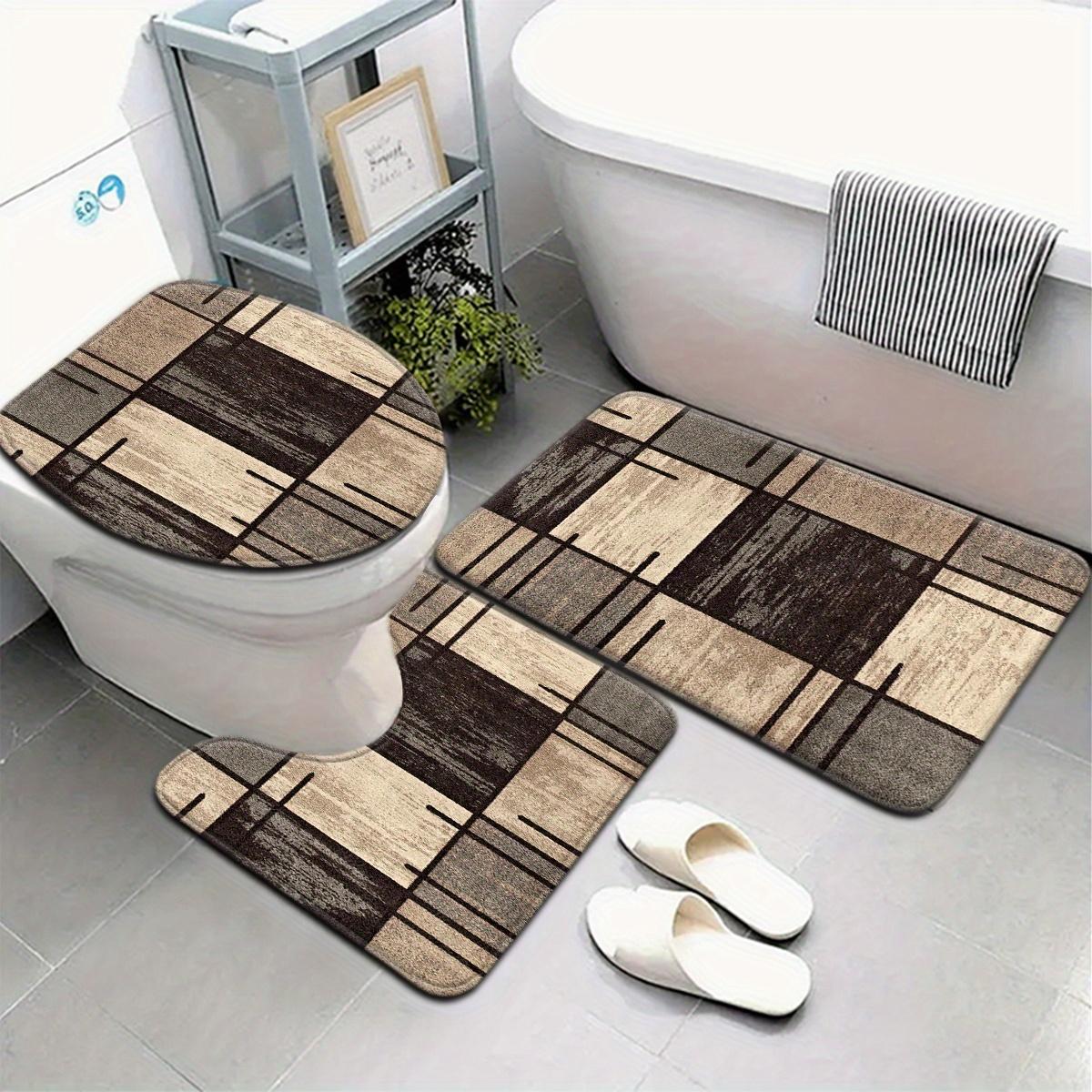 Bathroom Rug Set, Flannel Absorbent Non-Slip Bath Mats, Retro Geometric Grid Design, Washable Floor Mats for Tub, Shower, Toilet, U-Shaped Contour Mat & Lid Cover for Bathroom Decor