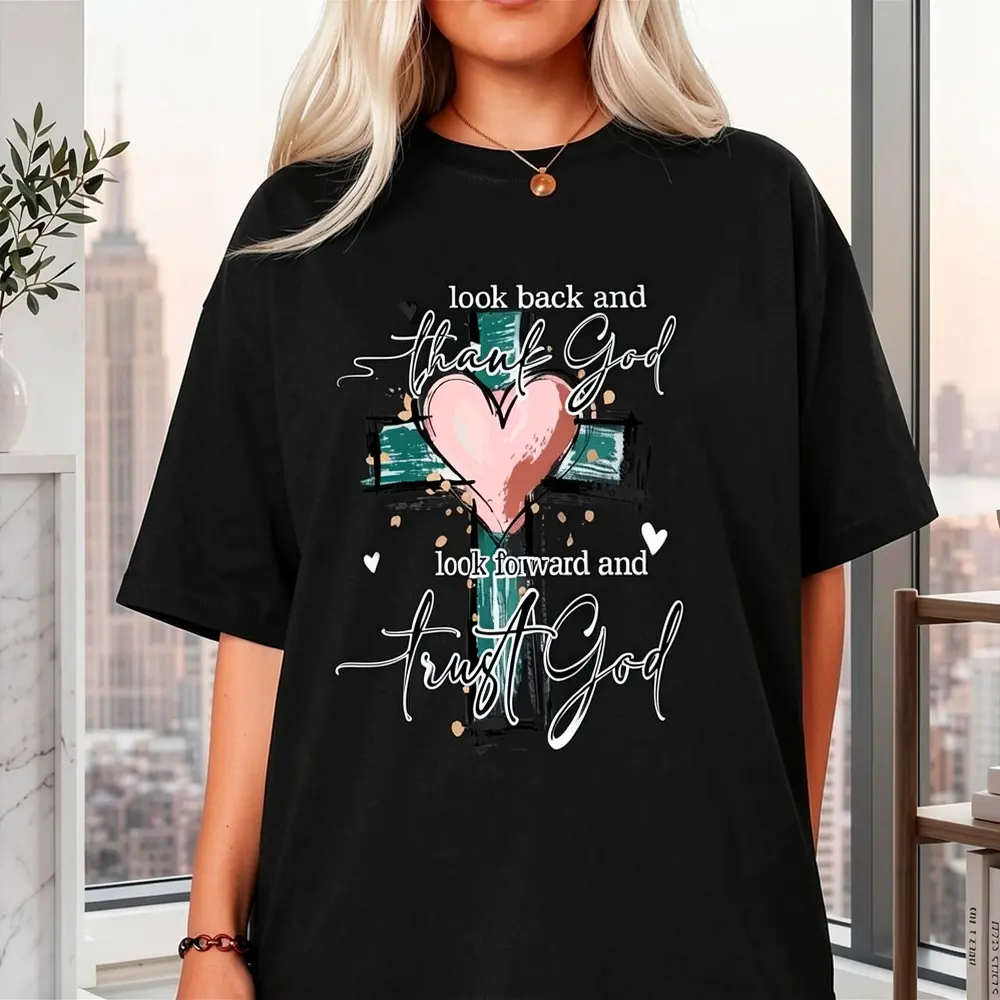 Christian Bible Verse Iron-On Patch "Look Back and Thank God, Move Forward and Trust God", Heart and Cross Design, Cursive Scripture, Washable Heat Transfer Decal for DIY T-Shirts, Fabric, Crafts, Faith Church Events