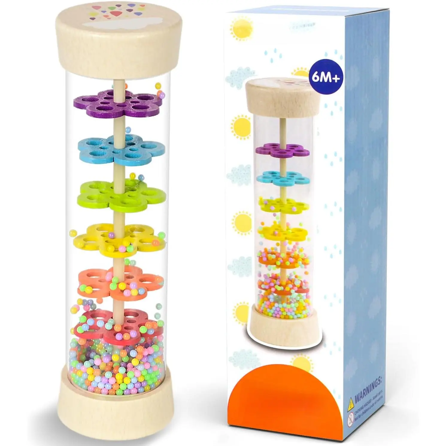Classic Wooden Rain Stick with Wooden Base - 7.7in Montessori Baby Sensory Musical Prop, Safe Toy for 6-12 Months Toddlers, Baby Shower Gift for Boys & Girls