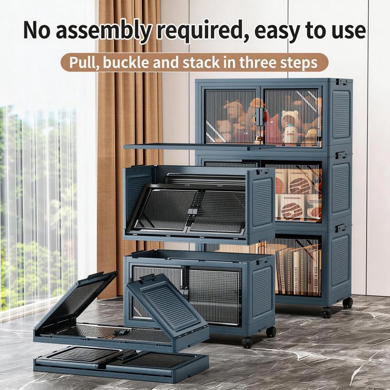 Folding 5 Tier Plastic Storage Bins with Wheels - Stackable Collapsible Storage Containers & Organizers for Daily Use