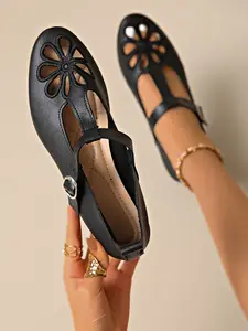 New Retro Floral Cutout T Strap Sandals, Breathable PU Upper, Adjustable Buckle, Medium Width, All Seasons Casual Dress Shoes