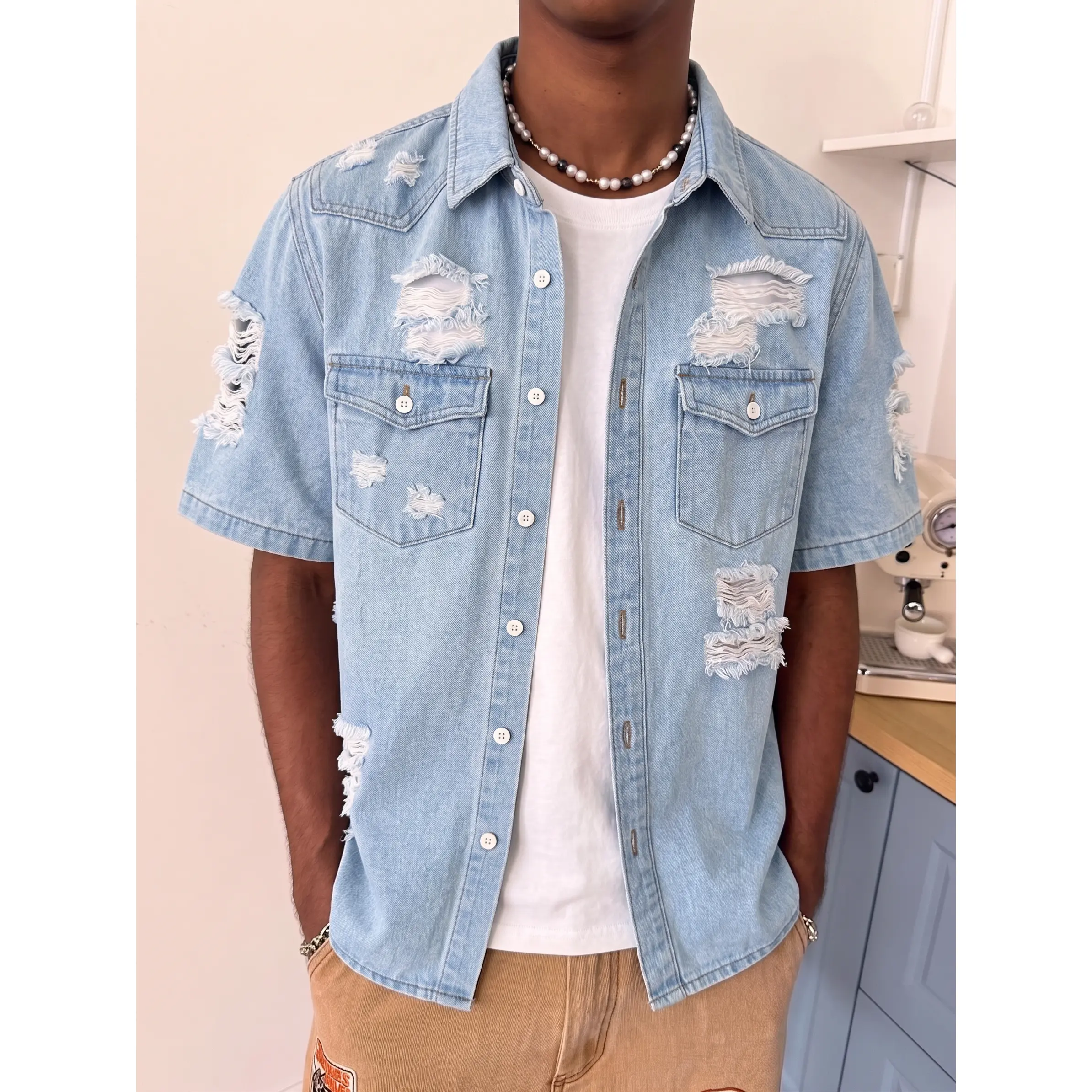 Mens Light Blue Distressed Short Sleeve Denim Shirt Slim Fit Washed Ripped Button Up Streetwear Hip Hop Y2K Fashion Casual Summer Top Vintage Workwear Urban Outfit Street Style Essential Shirt